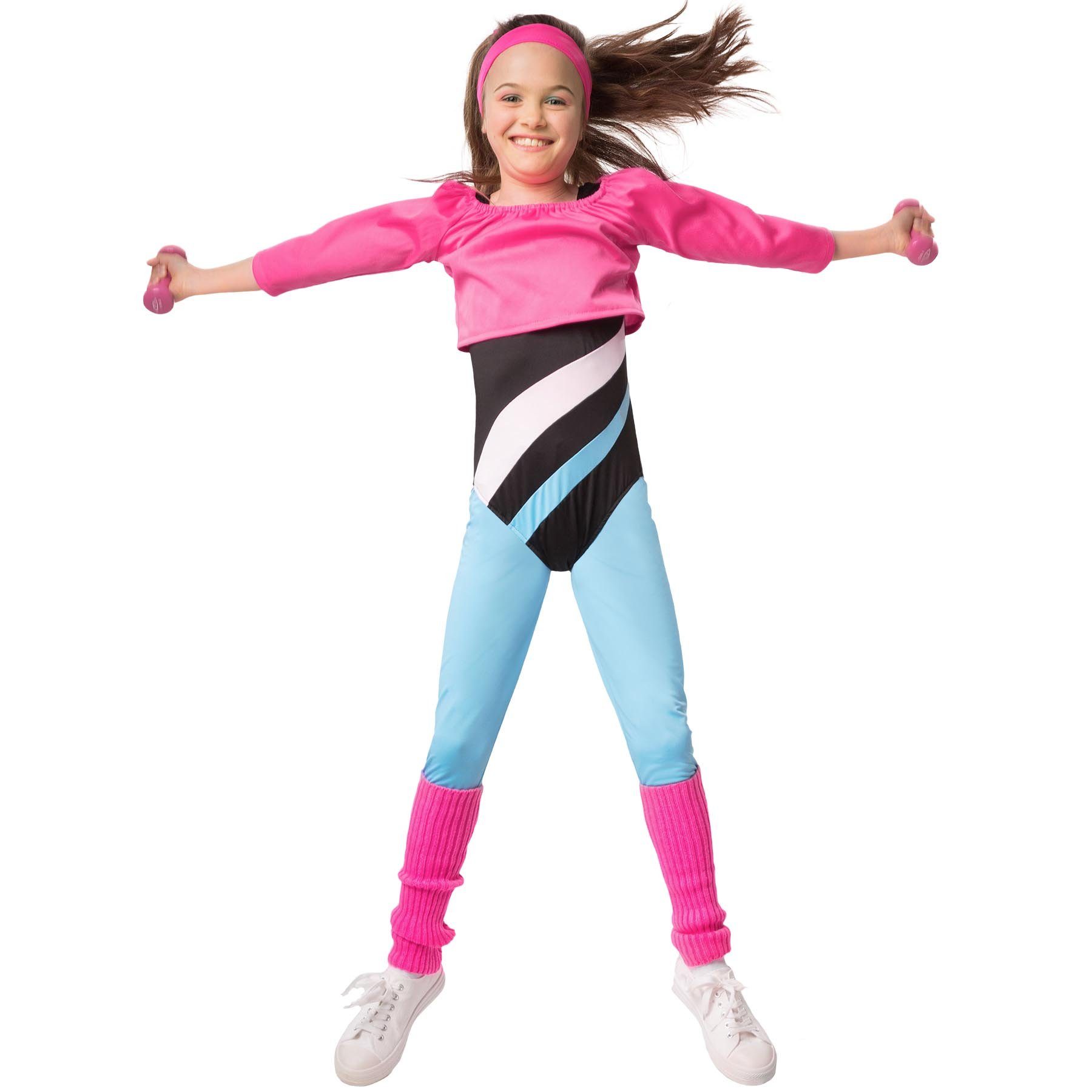 dressforfun Hippie-Kostüm Neunzigerjahre-Look, auch Fitnesstrainerin, Gr. 152 (11-12 Jahre), in bunt, Inkl. Beinstulpen, Aerobic-Outfit im Stil der 80er Jahre