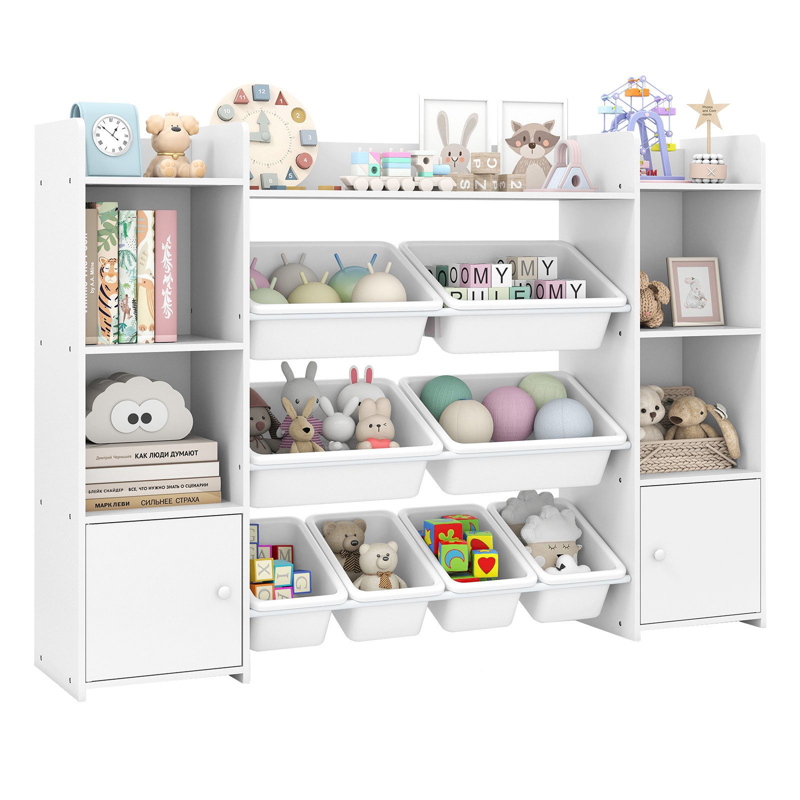 COSTWAY Kinderregal, 4-stöckiges Spielzeugregal mit 8 Boxen, Holz, weiß günstig online kaufen