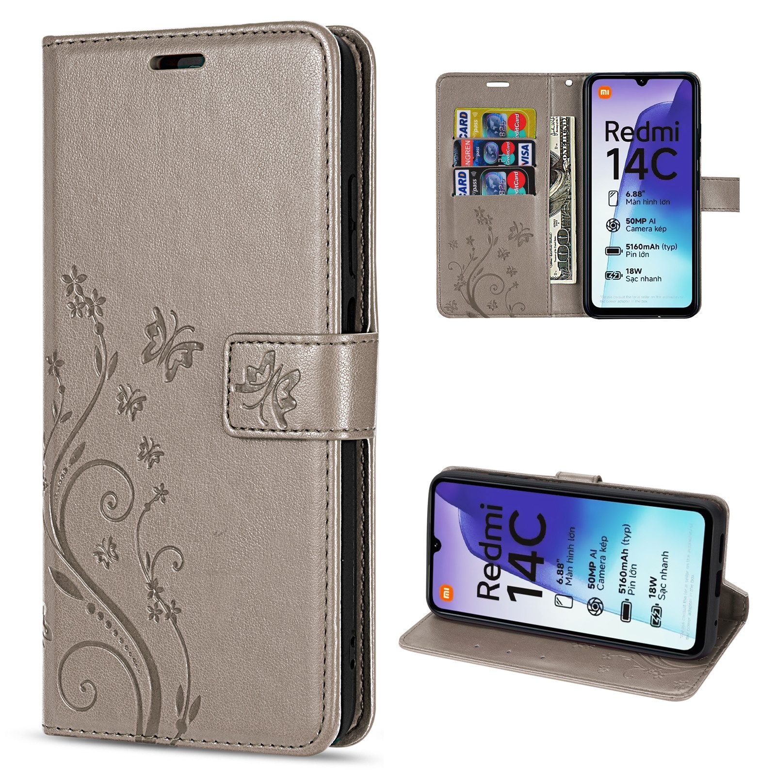 betterfon Handyhülle Handytasche für Xiaomi Redmi 14C Schutzhülle Klapphülle, Bookstyle-Hülle: Magnetverschluss 3 Kartenfächer & Standfunktion