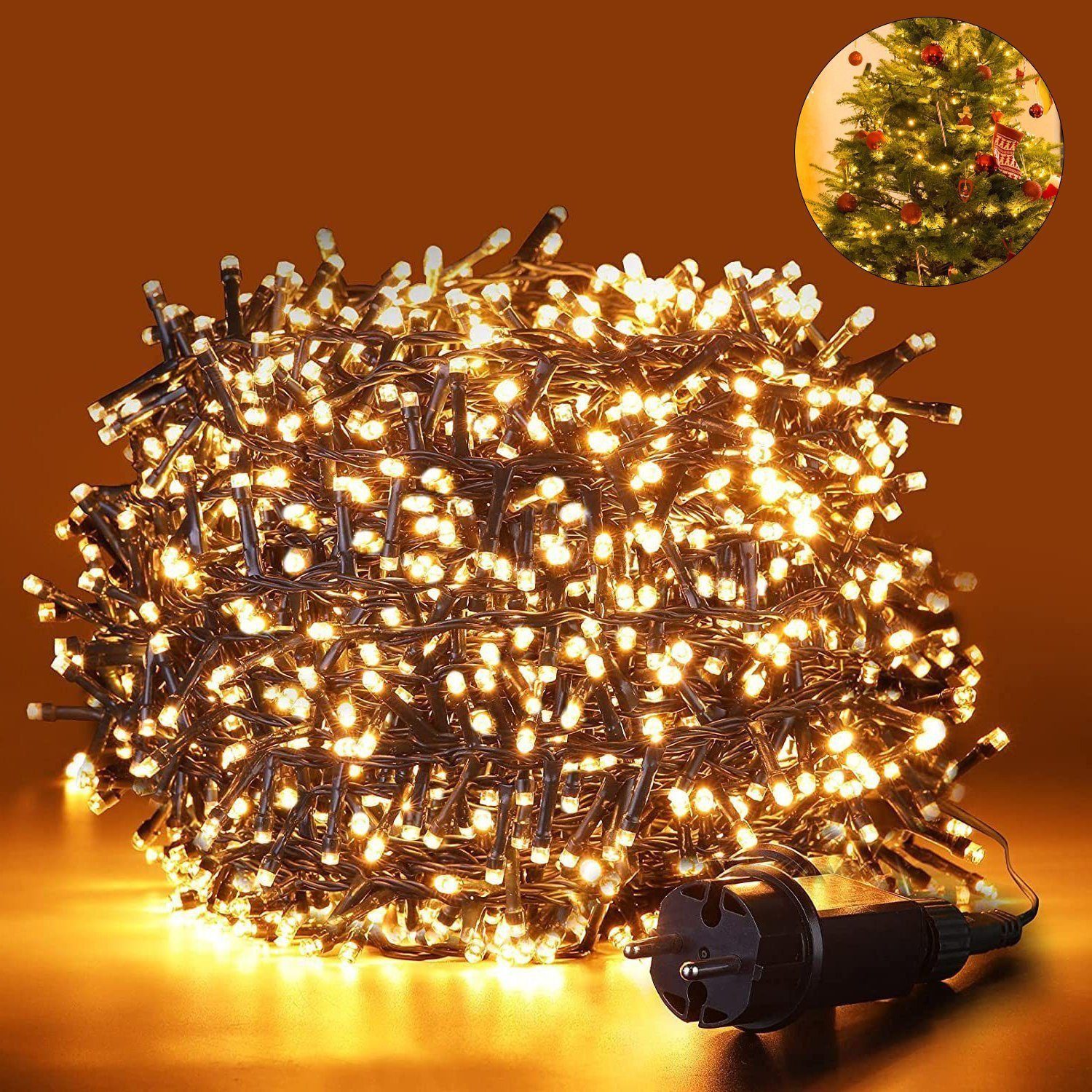 Elegear LED-Lichterkette 10-100M Lichterkette mit Stecker, 8 Modi Speicherfunktion, Innen/Außen, Weihnachtsbaum Beleuchtung, Fairy Lights für Weihnachten, Outdoor Deko