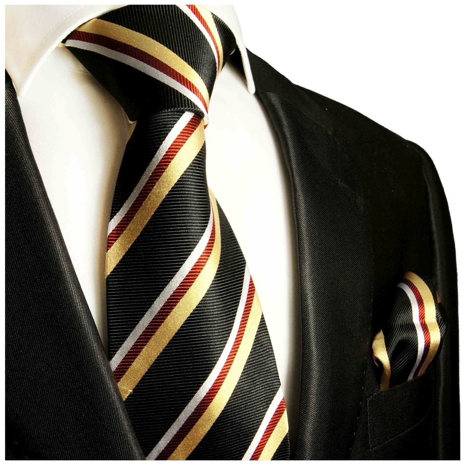 Paul Malone (Set, Schmal (6cm), Krawatte Tuch gelb 100% schwarz 132 Seidenkrawatte Krawatte Seide Herren Einstecktuch) mit 2-St., rot gestreift modern mit