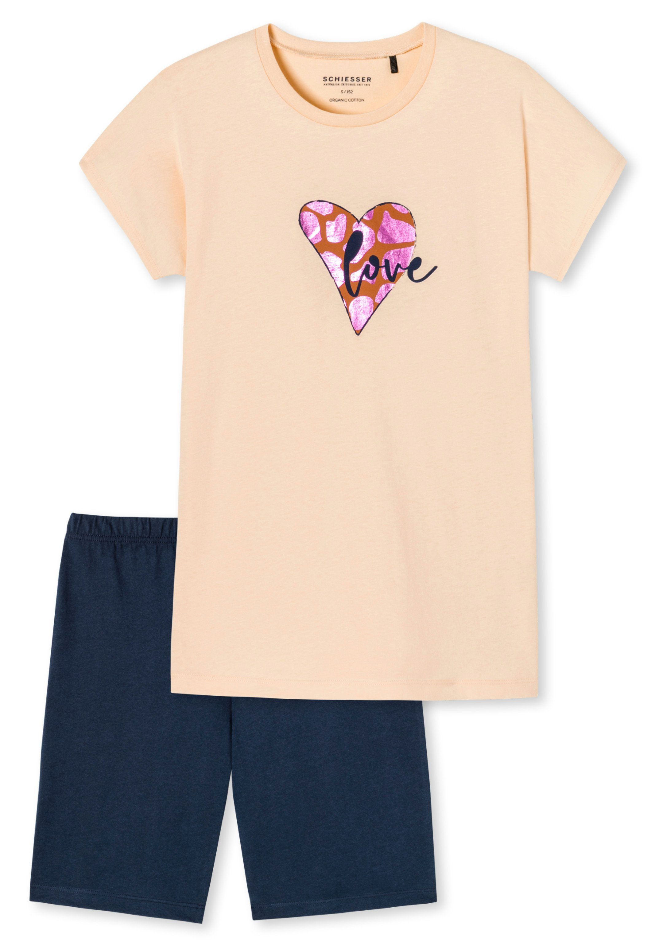 Schiesser Pyjama Prickly Love Teens Girls - Organic Cotton (Set, 2 tlg) Schlafanzug Kurzarm - Baumwolle - Vanille-Blau