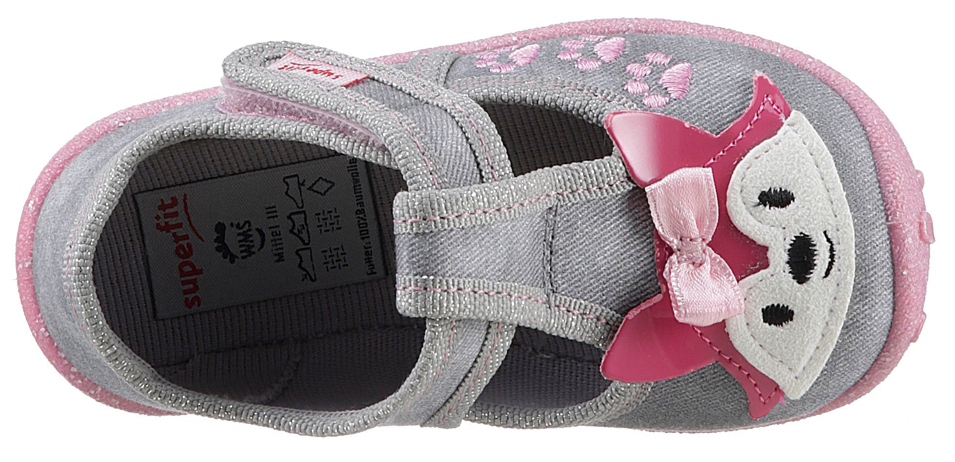 Superfit SPOTTY WMS: grau-rosa-Kitty Mittel mit Klettverschluss Hausschuh