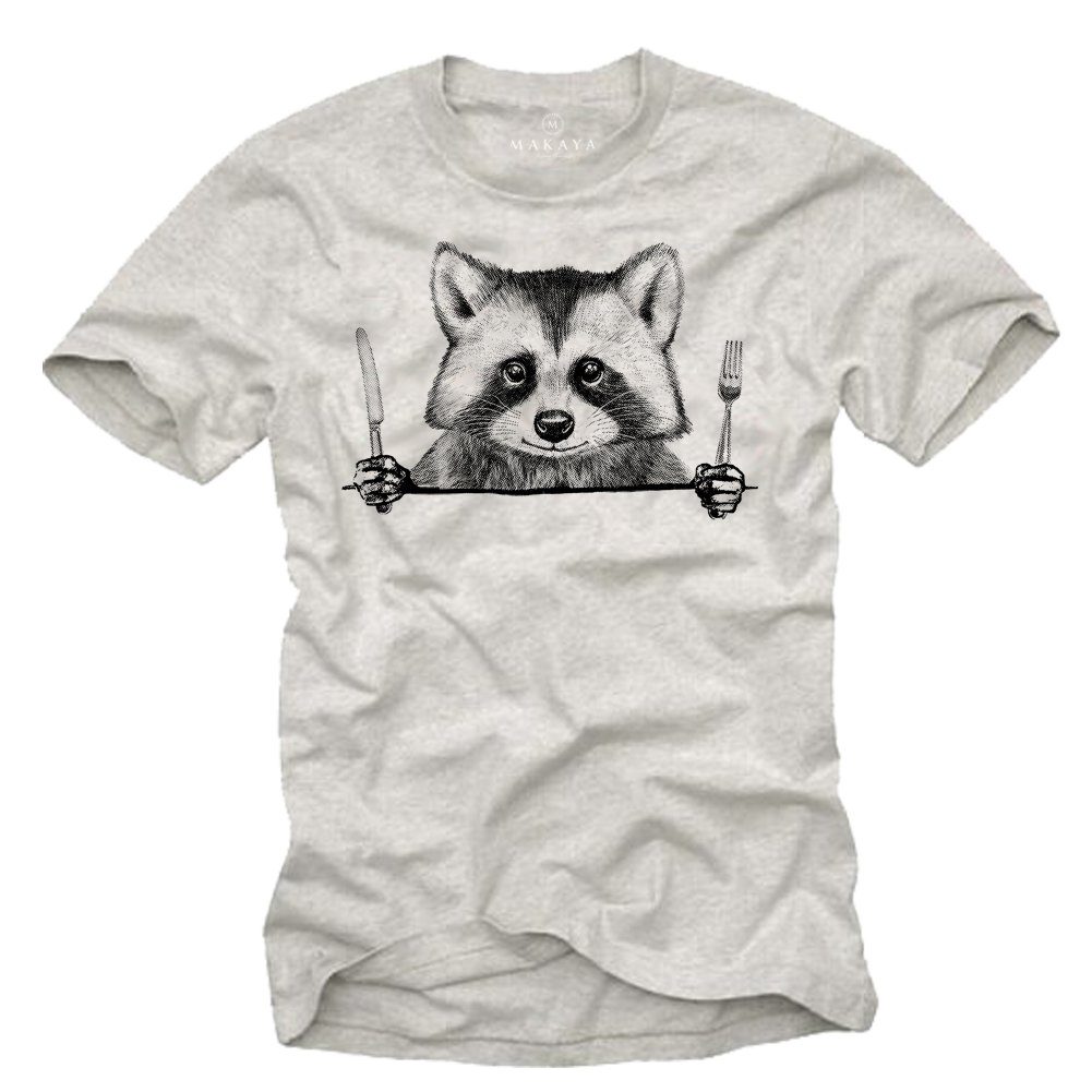 MAKAYA Print-Shirt Coole Tiermotive Waschbär Raccoon Essen Lustige Tiere Aufdruck Motiv Grau-Meliert