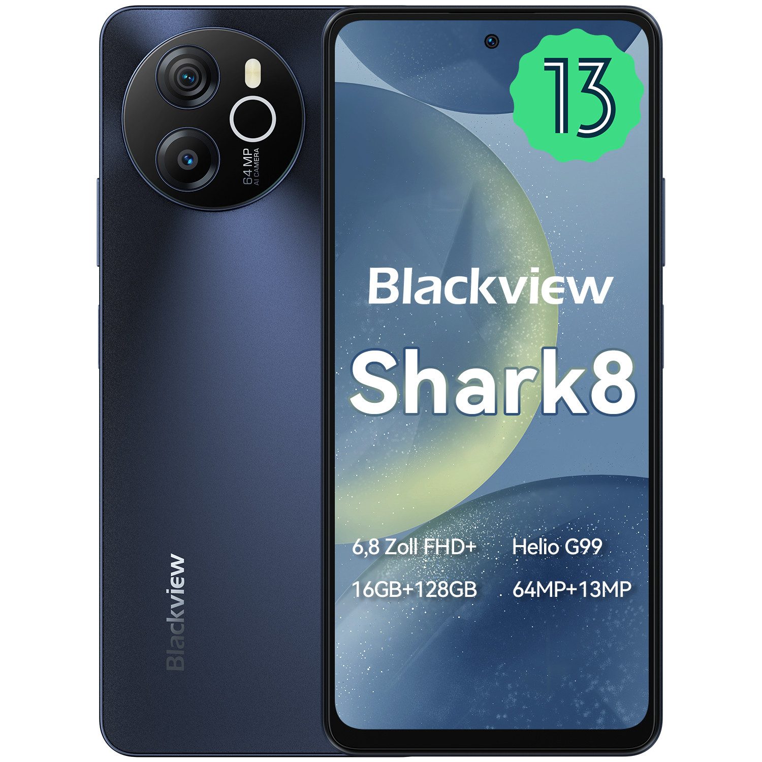 blackview Shark8(8+128) Smartphone (6.8 Zoll, 128 GB Speicherplatz, 64 MP Kamera, 2.4K Display, Dual 4G, NFC/Face ID)
