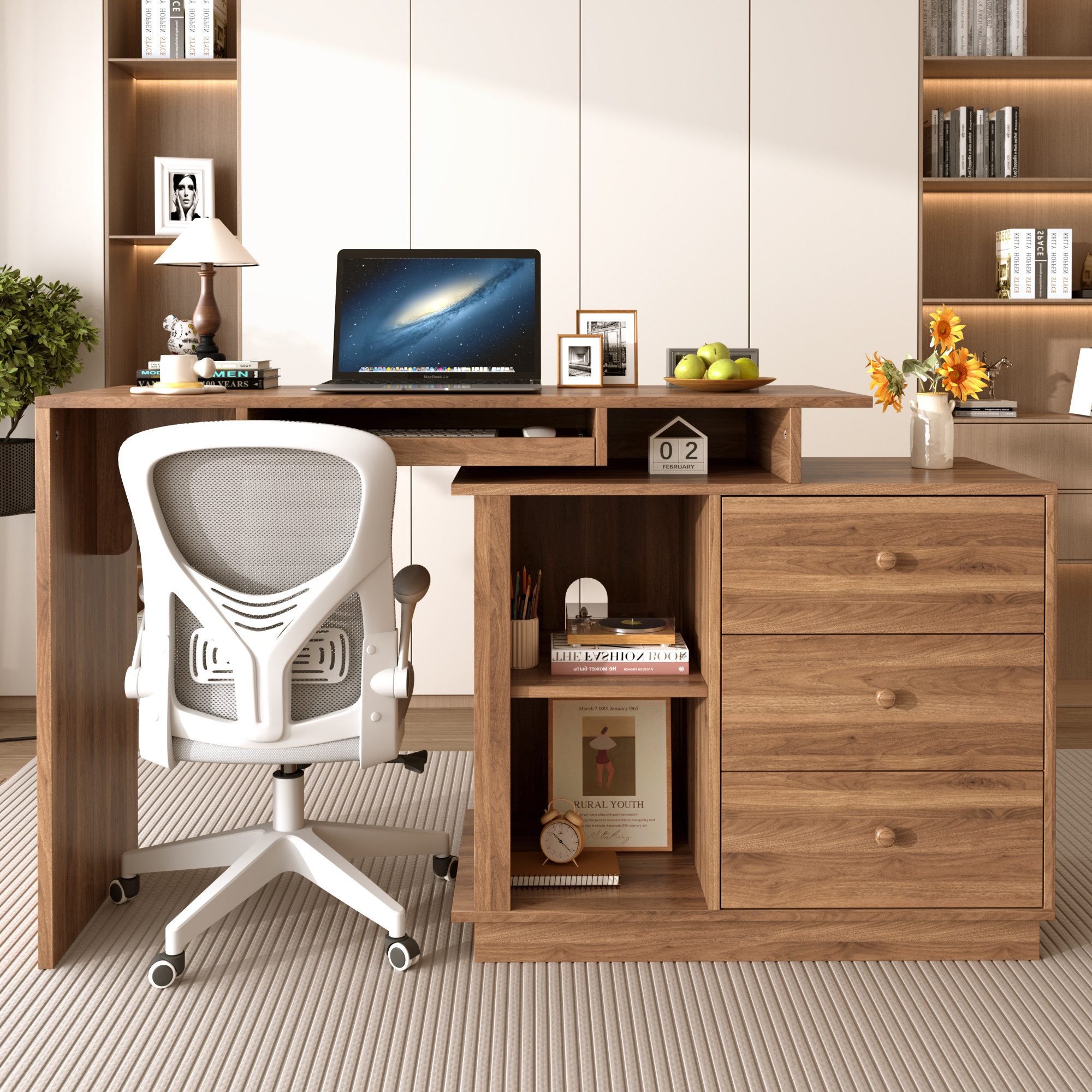 Flieks Computertisch ausziehbar Schreibtisch & Kommode mit 2 offenen Fächern, 3 Schubladen (Tischmaße: 110x40x75,5 cm, Schrankmaße: 80x40x64 cm, 2-St., 2er Set), multifunktional Arbeitsltisch Bürotisch Gamingtisch Walnussholzfarbe