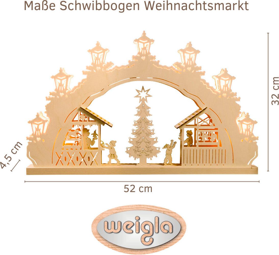 Weigla Schwibbogen Weihnachtsmarkt, Lichterbogen aus Holz, NATUR, Made in Germany (1-tlg), Erzgebirge garantiert, Weihnachtsdeko Innen, Weihnachtsbeleuchtung