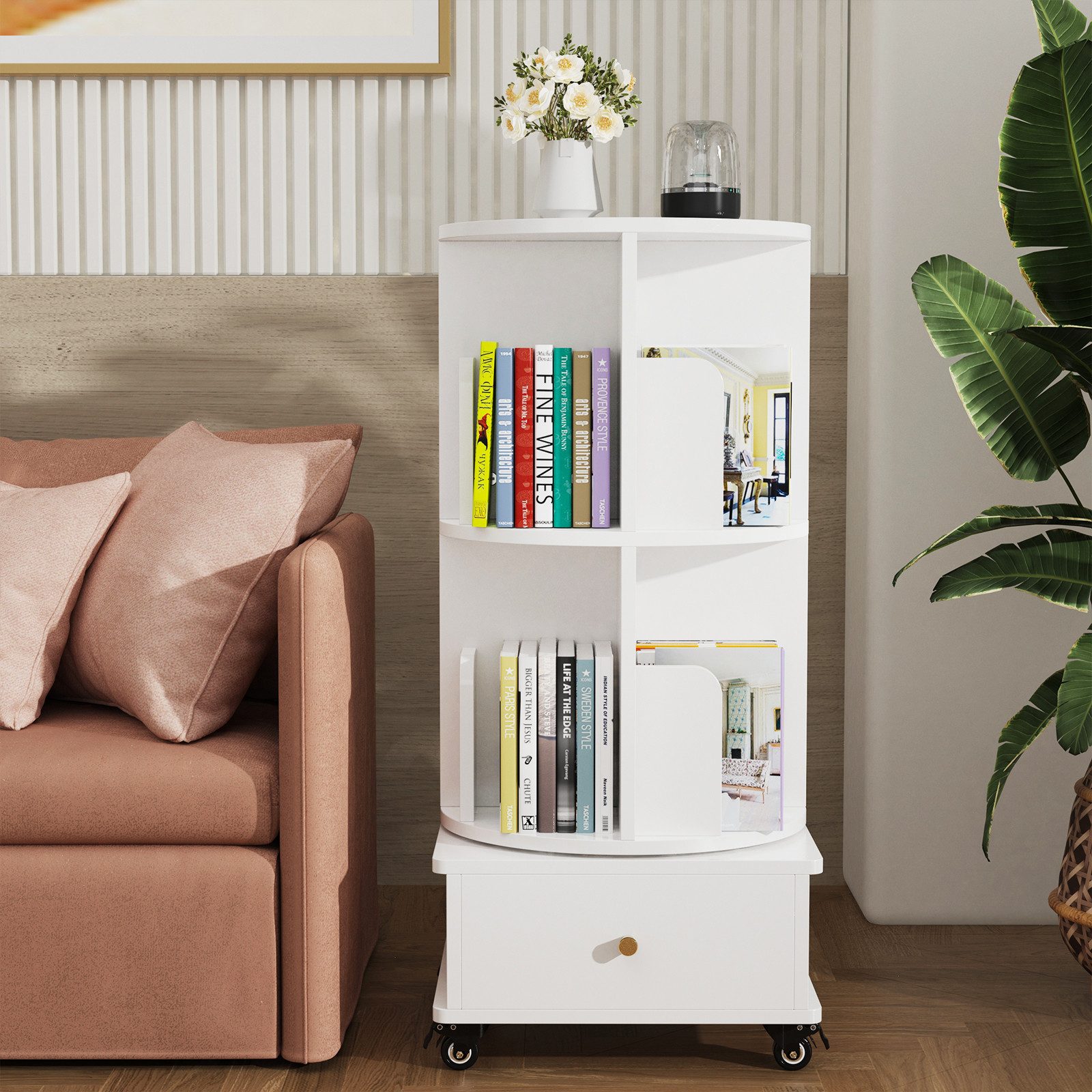 JEOBEST Bücherregal Drehbare Bücherregal, Standregal mit Schubladen, 1-tlg., 360° Rotating Bookshelf, mit Rollen – Bild 3 von 4