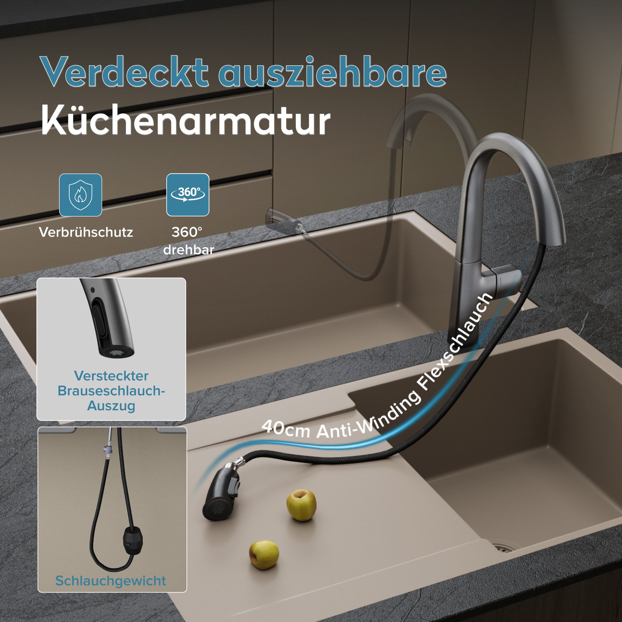 doporro Küchenarmatur Spültischarmatur Wasserhahn Küche Vollkupfer 360° Schwenkbar MS-8095 Keramikkartusche, Din-Anschlüsse