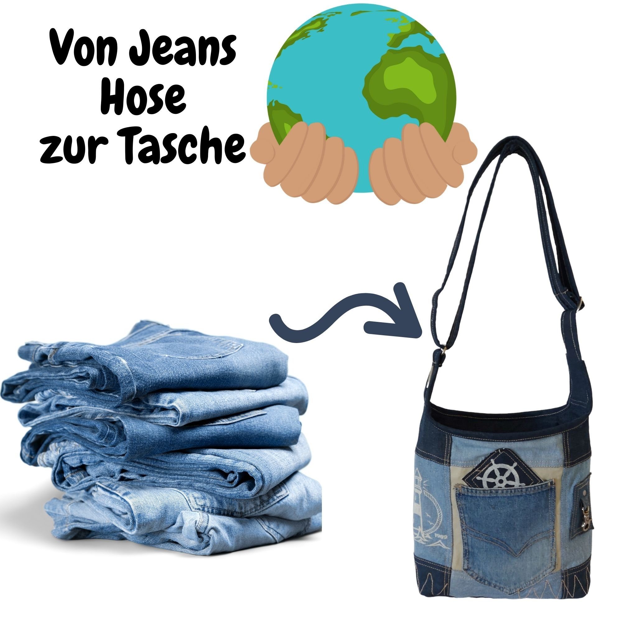 Sunsa Umhängetasche Hobotasche aus recycelte Materialien recycelten Jeans Canvas. Aus Aufdruck und Blaue Umhängetasche, Maritim