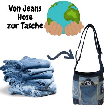 Sunsa Umhängetasche Hobotasche aus recycelte Jeans und Canvas. Blaue Maritim Aufdruck Umhängetasche, Aus recycelten Materialien