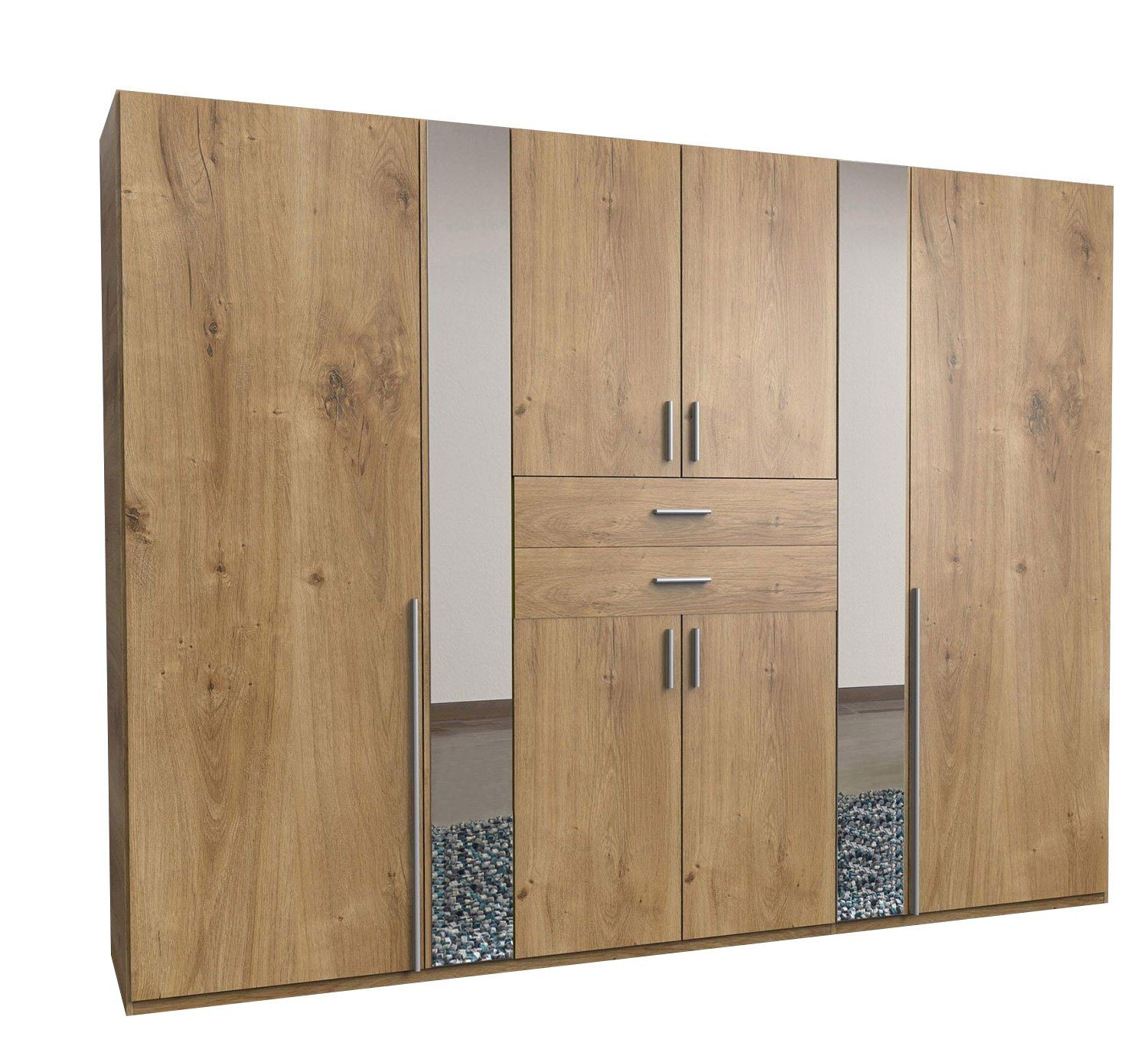 Wimex Kleiderschrank Vanea (mit Türen, Schubladen, Einlegeböden, Kleiderstangen, 1-St., moderne Optik, mit Spiegel, Kunststoffgriffe) 270x58x208cm 8-türig Plankeneiche