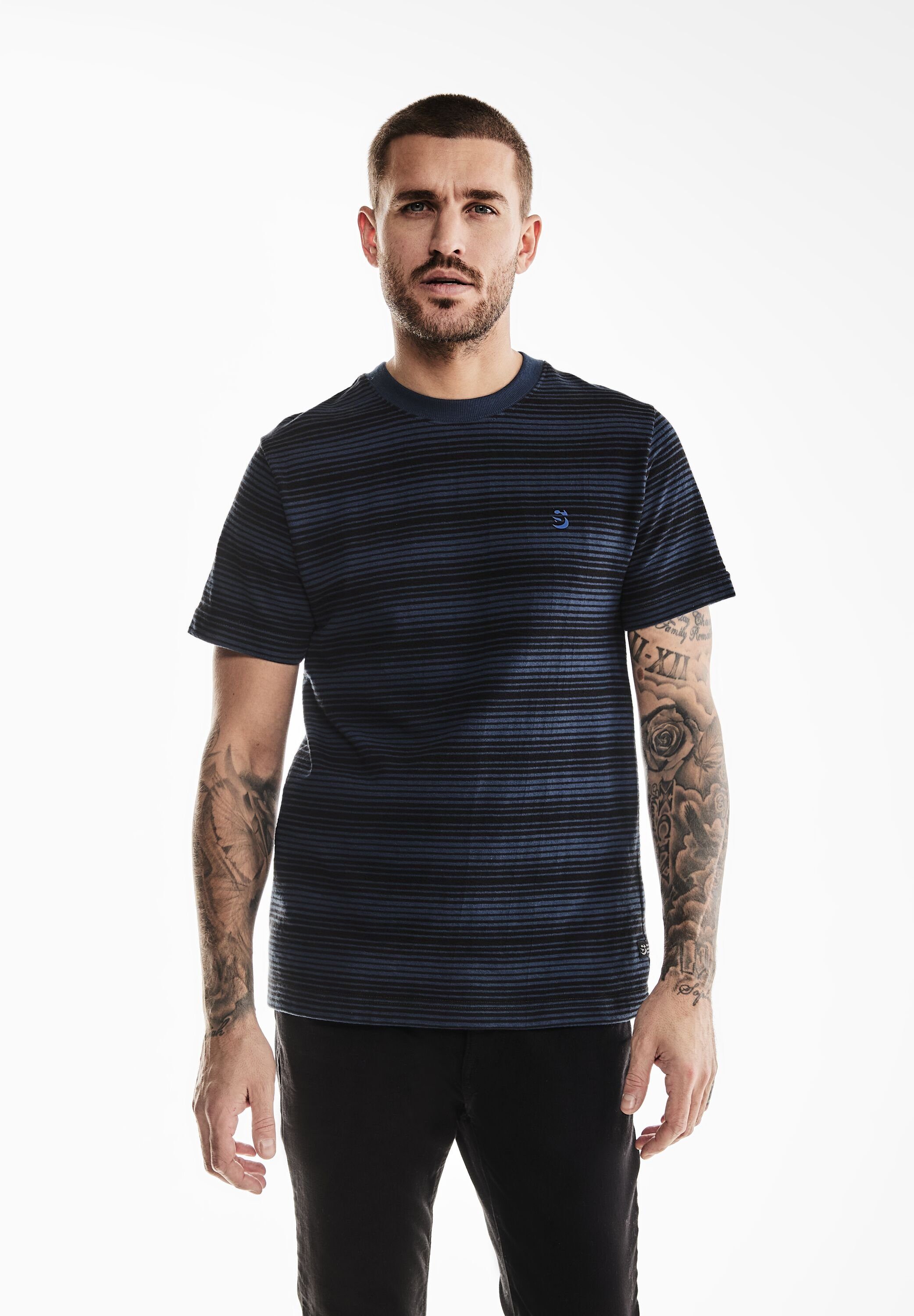 STREET ONE MEN Rundhalsshirt mit dark Rundhalsausschnitt dust blue