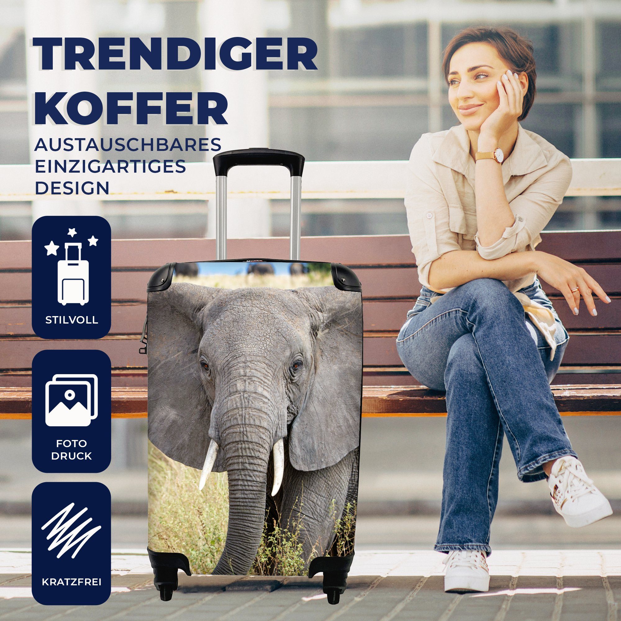Reisekoffer Reisetasche Rollen, Gras Elefant Tiere 4 MuchoWow Handgepäckkoffer - Ferien, für Handgepäck - - Natur, Trolley, mit rollen,