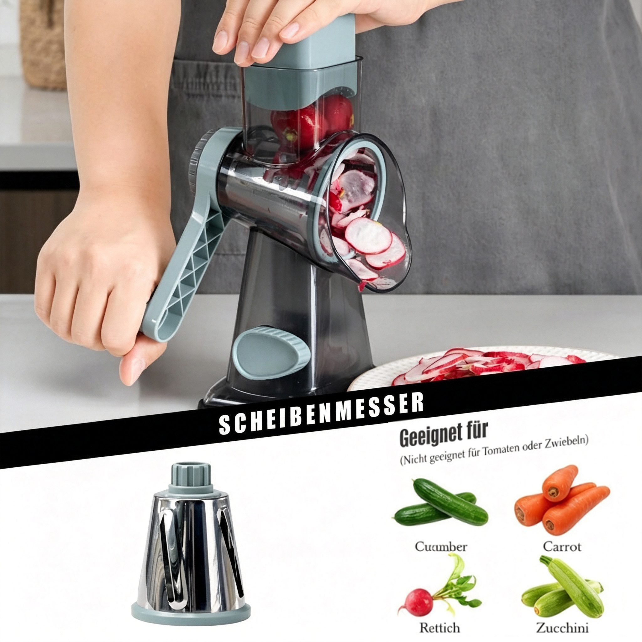 ibettertec Trommelreibe Gemüsereibe Trommelreibe mit 3 Edelstahl Austauschbaren Trommelklingen, (Zubehör‑Set für Küche, 3 in 1 Abnehmbaren Manuelle Gemüsemühle, – Bild 4 von 5