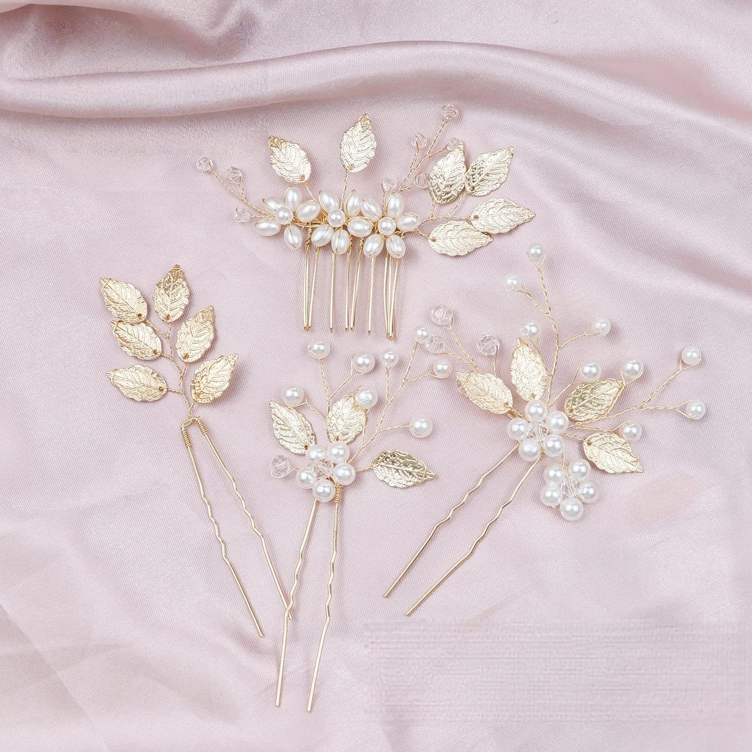 Zaewry Haarspange Braut-Haarspangen Blatt Haarclips Blumen-Design, Vintage-Haarschmuck, Mit Kristall- und Perlenverzierung, 4-tlg., für Braut, Brautjungfern, Frauen und Mädchen
