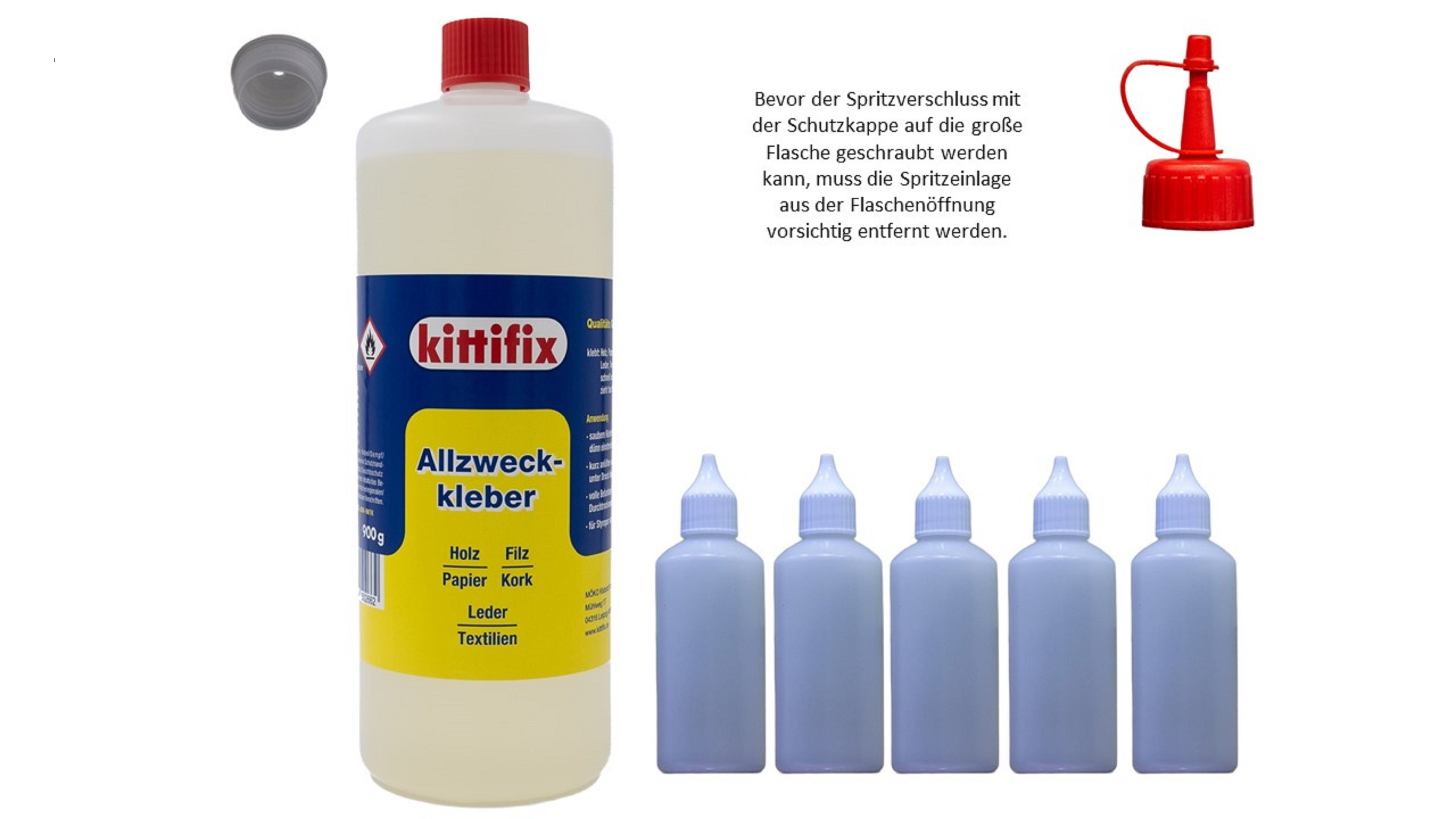 Kittifix Klebstoff Kittifix Allzweckkleber 900g + 5 leere Flaschen 80ml, (7-tlg), Sehr vielseitig einsetzbar.