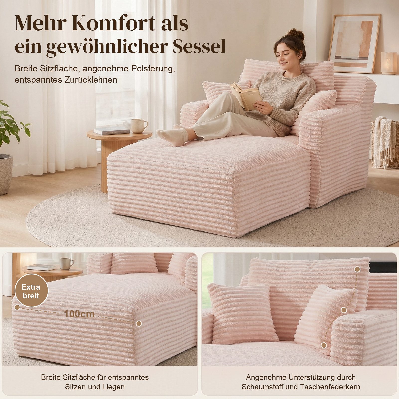 ANYSUN Sofa Cord-Schlafsofa mit 2 Kissen,Bequemes Einzelsitz-Bodensofa,Loungesofa, Relaxsessel Cord,Sessel,Loungesessel Cord,Lesesessel bequem, fur Wohnzimmer,  – Bild 2 von 5