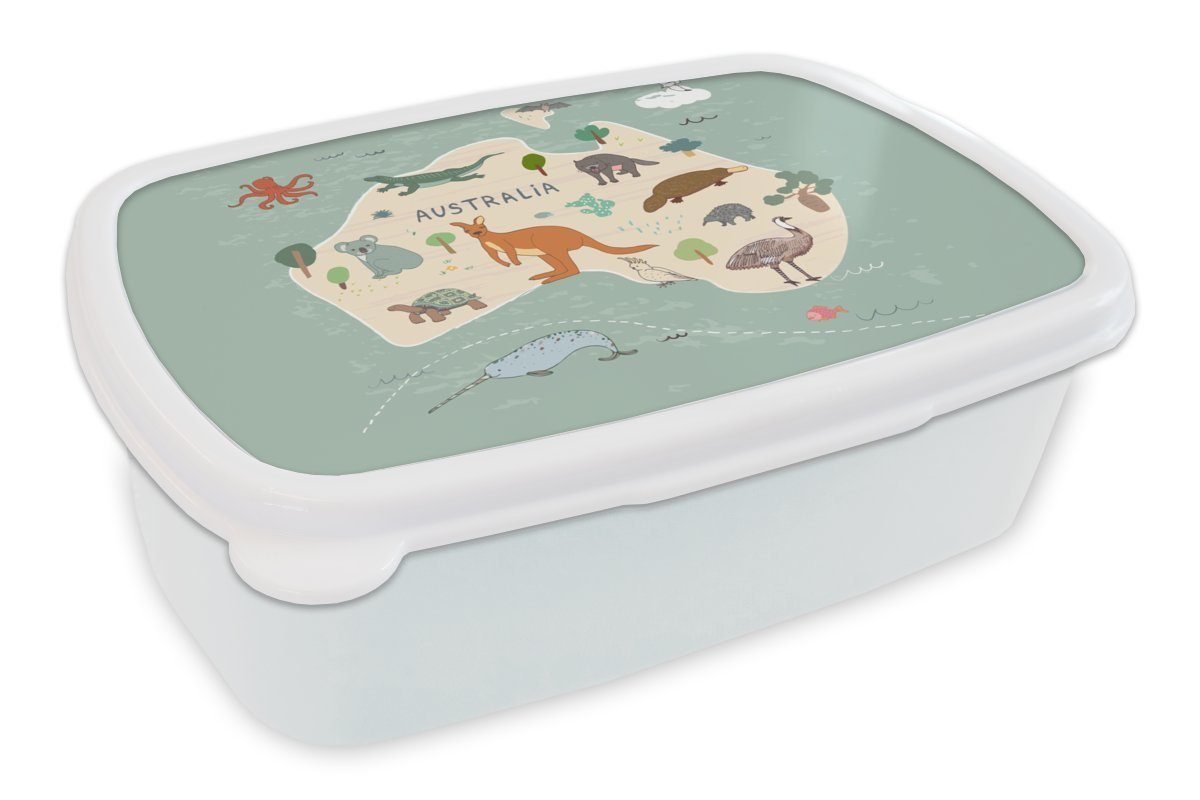 Brotbox weiß und - Kinder Brotdose, Kinder - MuchoWow und Kunststoff, für Weltkarte für - - Jungs - Mädchen Tiere Erwachsene, Kinder, Australien Lunchbox (2-tlg), Blau