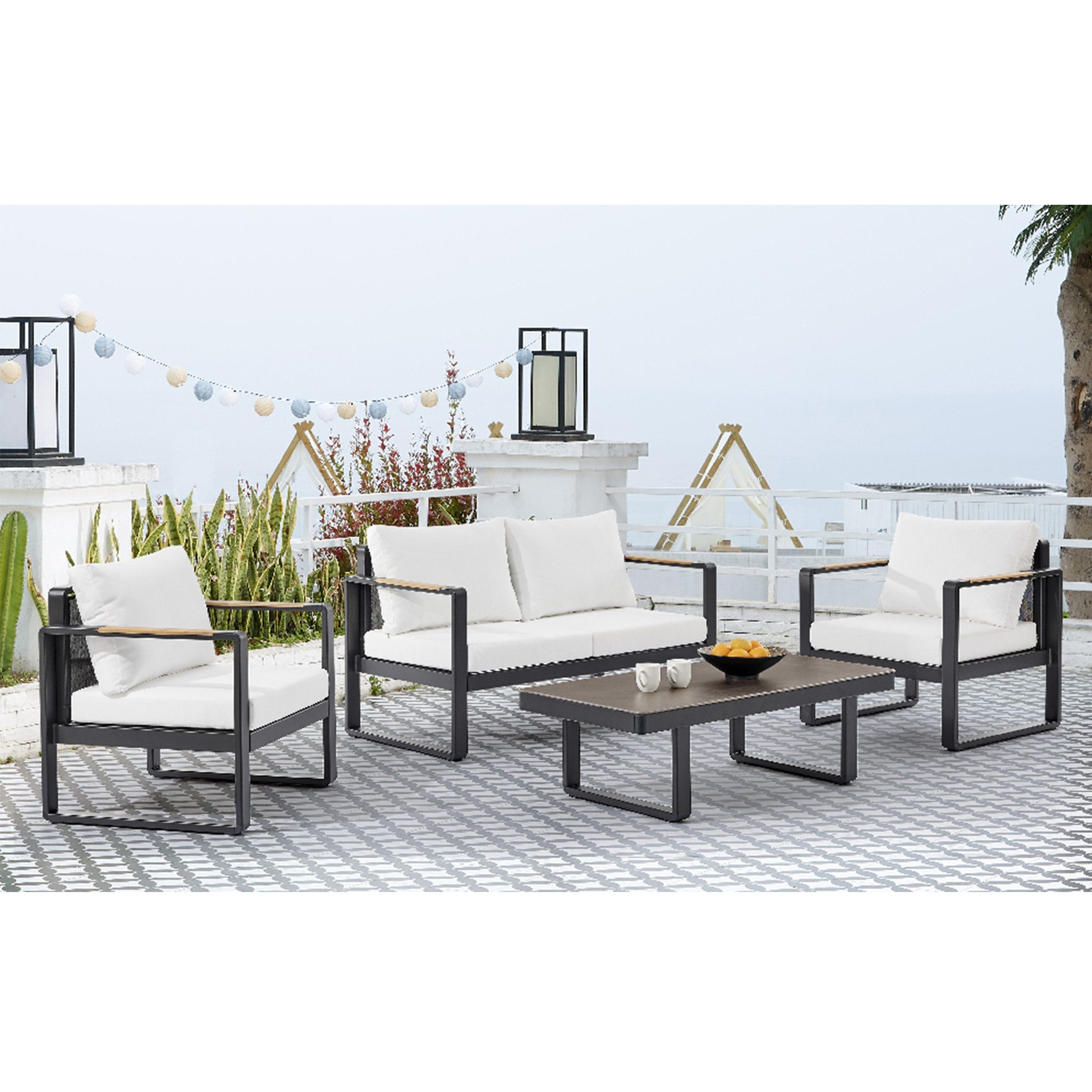 Happy Home Gartensofa Lounge-Set aus Aluminium & Teakholz mit Sofa und Tisch
