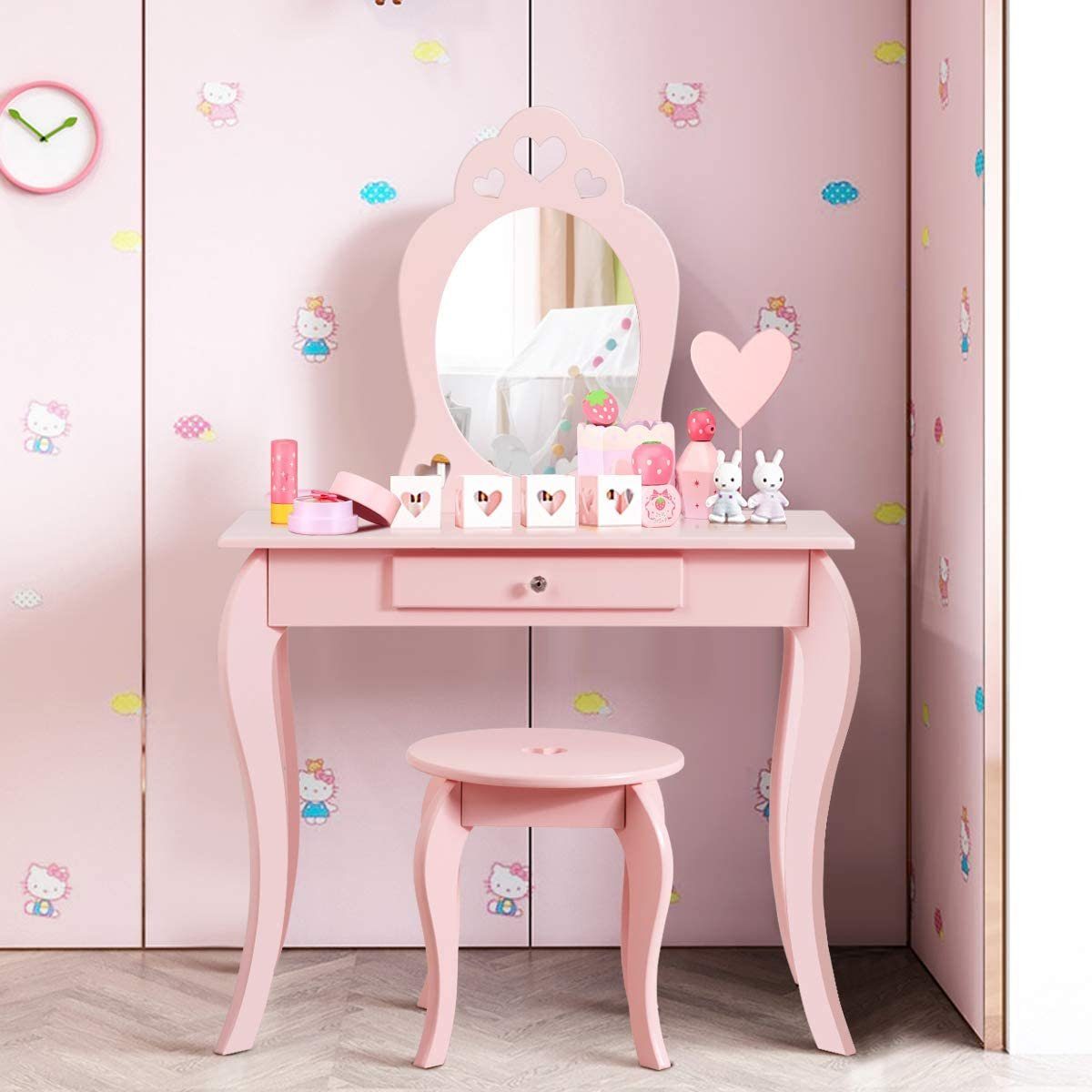 COSTWAY Schminktisch, Hocker mit Kinder, Pink