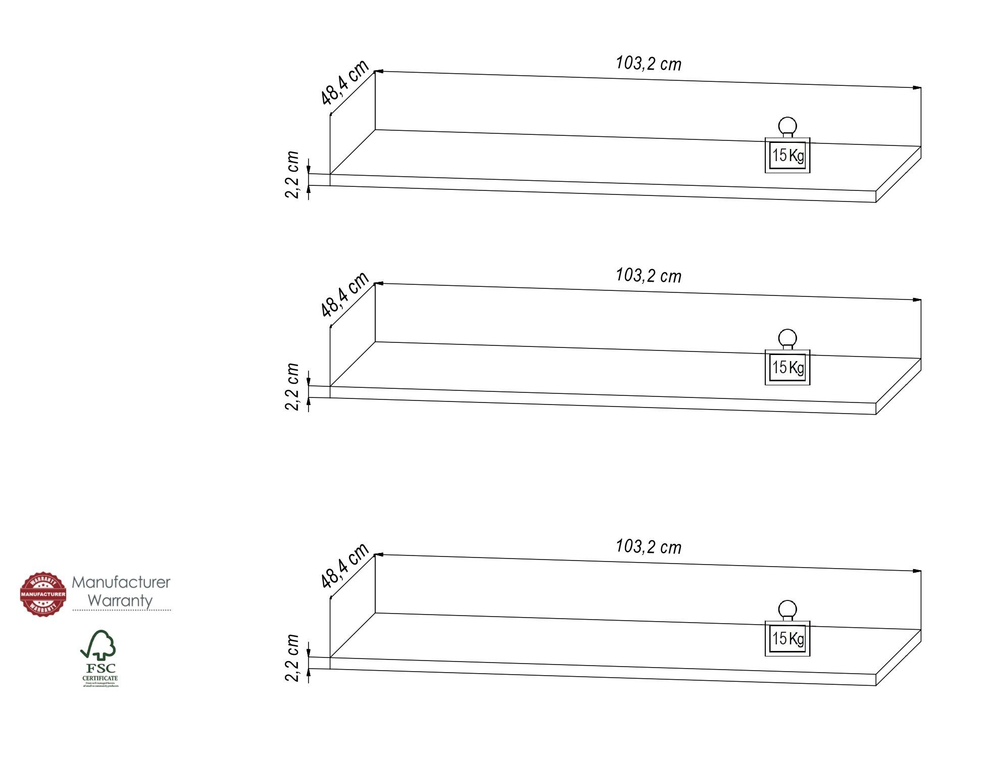 3 möbelando MELIKA in (BxHxT: 103,2x2,2x48,4 cm), mit Einlegeboden Korpus:Artisan Einlegeböden Eiche 302SXSH