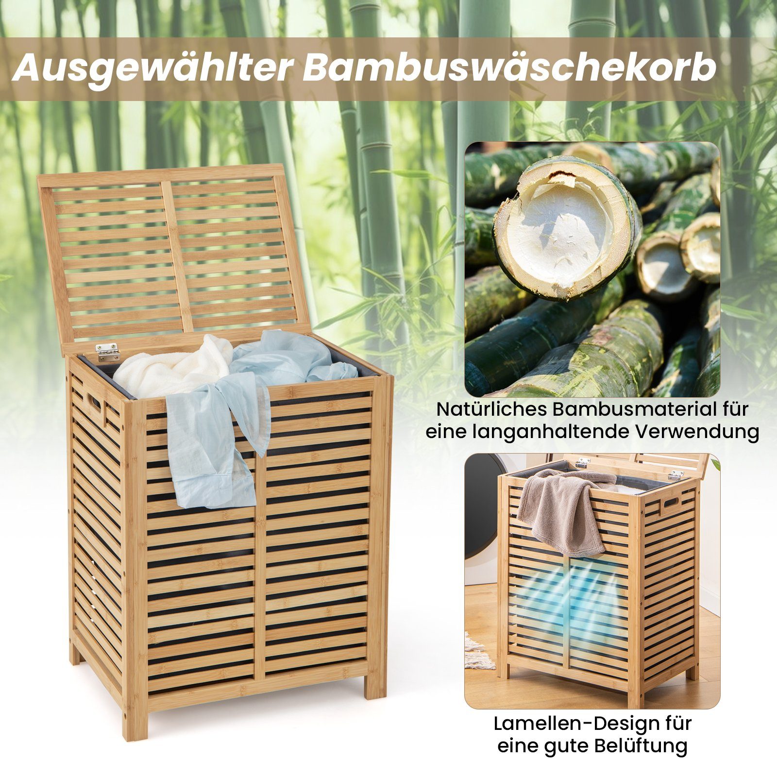 COSTWAY Wäschekorb, Bambus, 80L, mit Deckel & ausnehmbarem Wäschesack, Natur