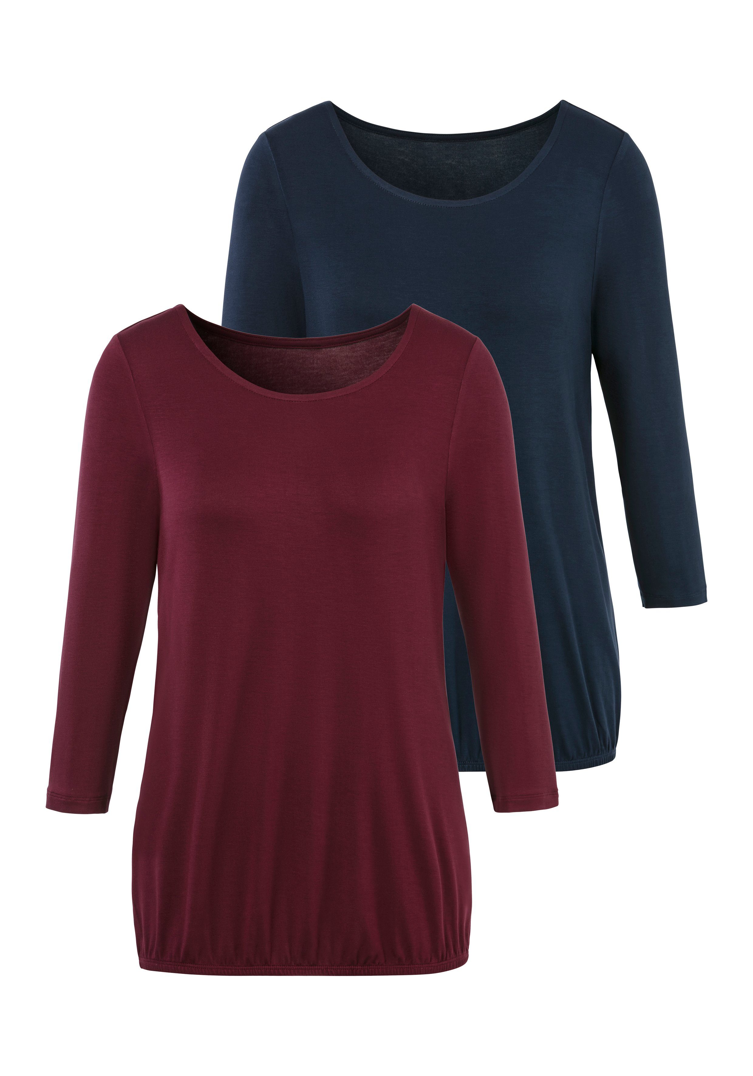 aubergine, navy mit 3/4-Arm-Shirt (2er-Pack) Saumabschluss elastischem Vivance