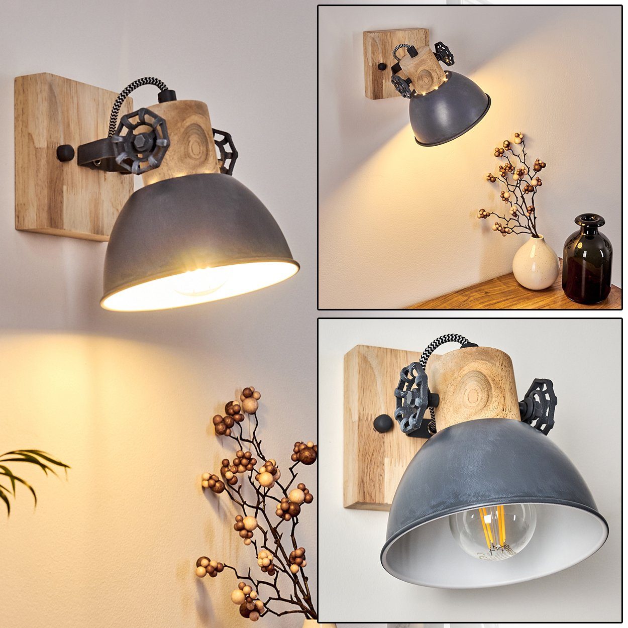 hofstein Wandleuchte »Cotes« verstellbare Wandlampe aus Metall/Holz in Grau/Weiß/Braun, ohne Leuchtmittel, 1xE27 Fassung, Wandspot im Retro/Vintage Design