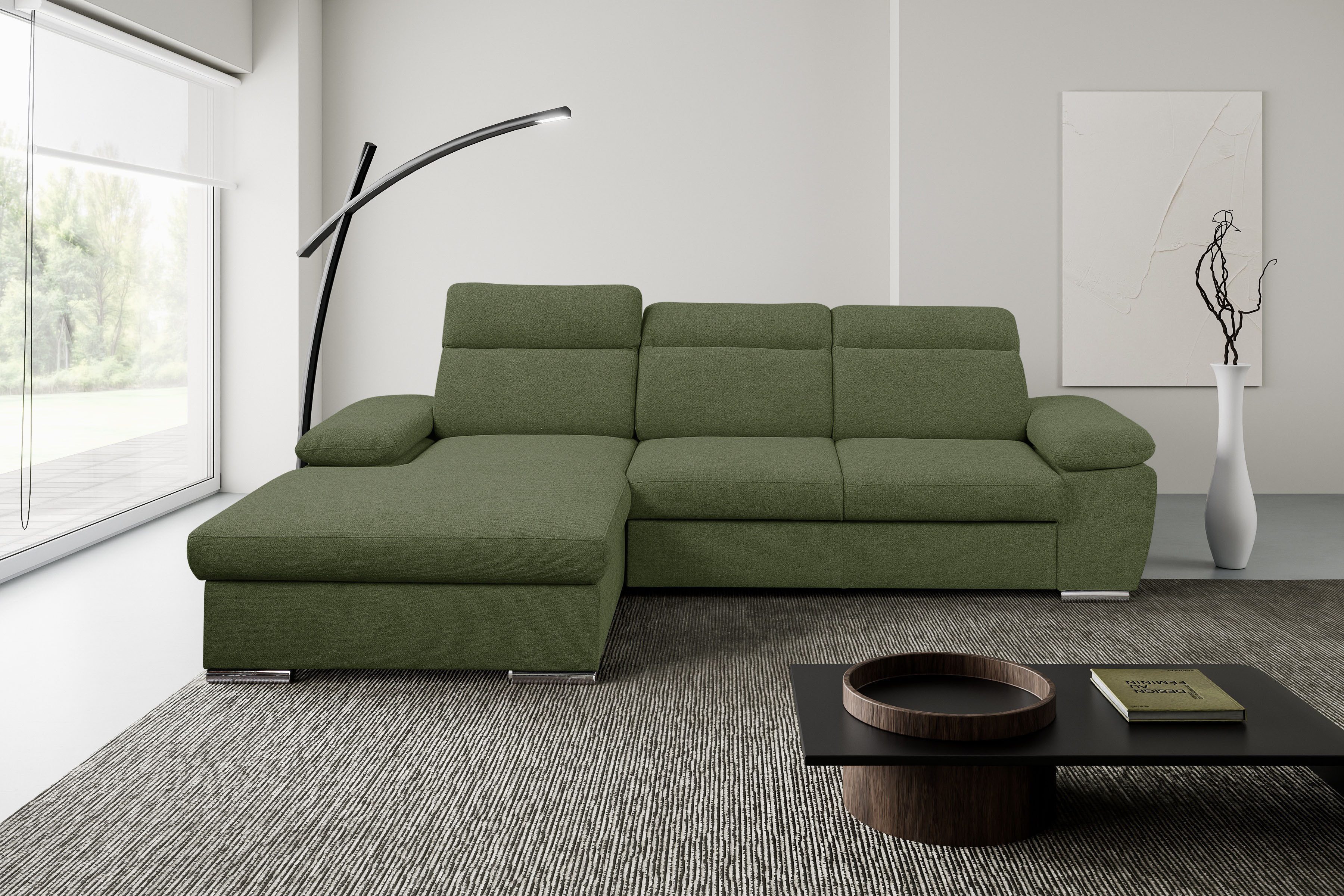 WERK2 Ecksofa Palma 282 x 185 cm, Bett und Bettkasten, Kopfteilverstellung, bequem, Strukturstoff, L-Form, XXL, Schlaffunktion, Bettkasten