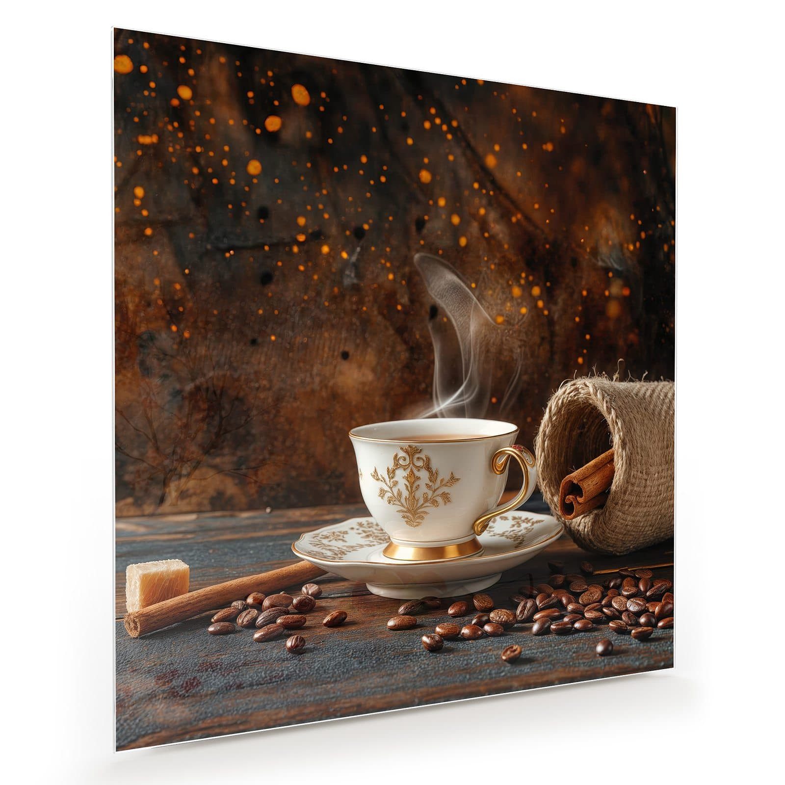 Glasbild Wandbild Quadratisch Kaffee Und Zimt mit Aufhängung