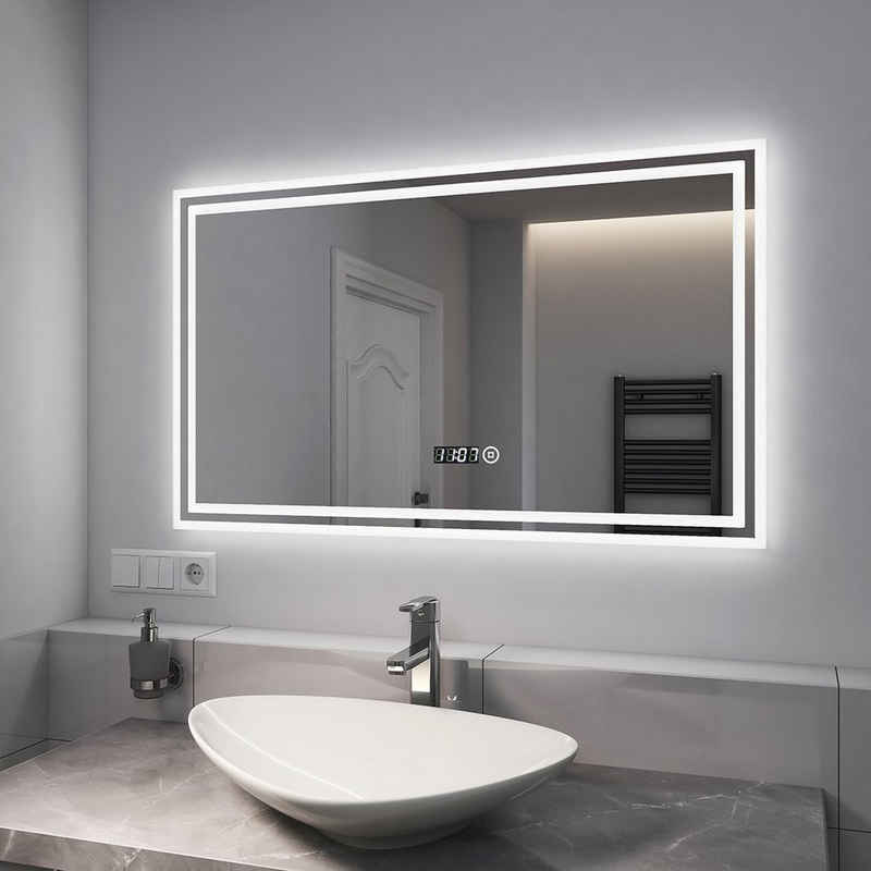 EMKE Badspiegel Badspiegel mit Beleuchtung LED Wandspiegel Badezimmerspiegel, Uhr Touch-Schalter Kaltweißes Licht 80-100cm