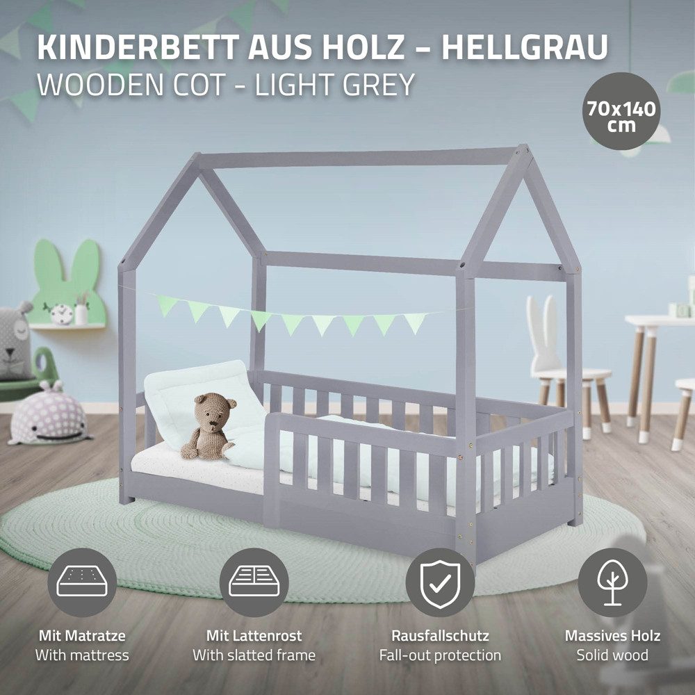 ML-DESIGN Spielbett Hausbett Kinderbett inkl. Lattenrost kreativ Bodenbett für Kinder, Abenteuerbett mit Rausfallschutz Kiefer Hellgrau Himmelbett Bettenhaus – Bild 2 von 5