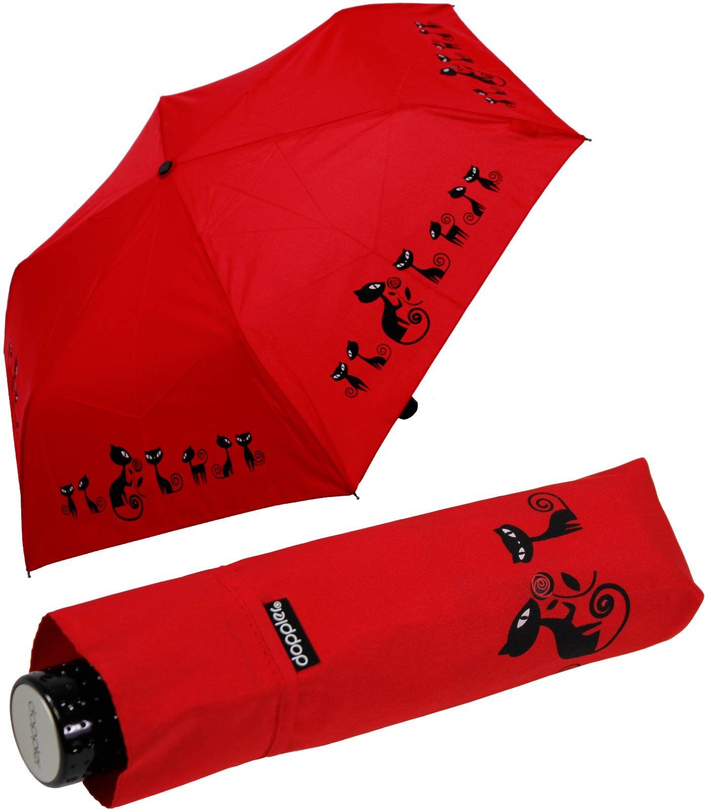 doppler® Taschenregenschirm Super-Mini Havanna Damen - Katzen, besonders leichter und kleiner Schirm, passt in jede Tasche Black-Cats