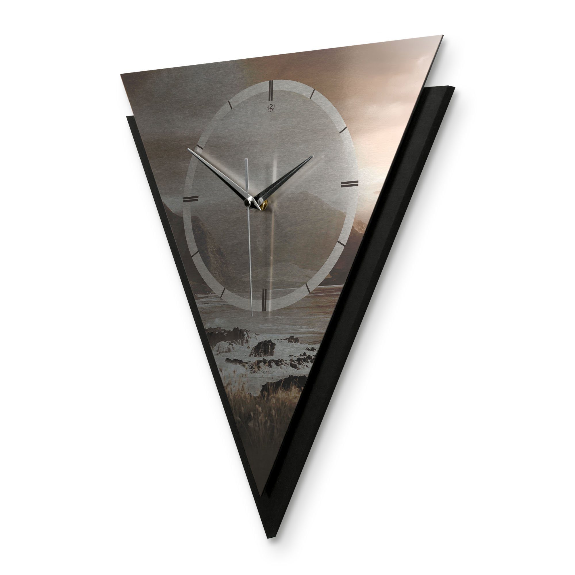 Kreative Feder Wanduhr Dreieckige 3D Designer-Wanduhr „Küste“ in modernem Metallic-Look (ohne Ticken; Funk- oder Quarzuhrwerk; elegant, außergewöhnlich, modern)