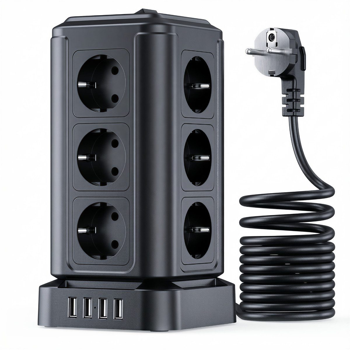 SWGOTA Steckdosenturm 12-fach mit 4× USB-A, 4000W, Überspannungsschutz Mehrfachsteckdose, Mehrfachsteckdose Turm mit Schalter, 12 Steckdosen, 2 m Kabel