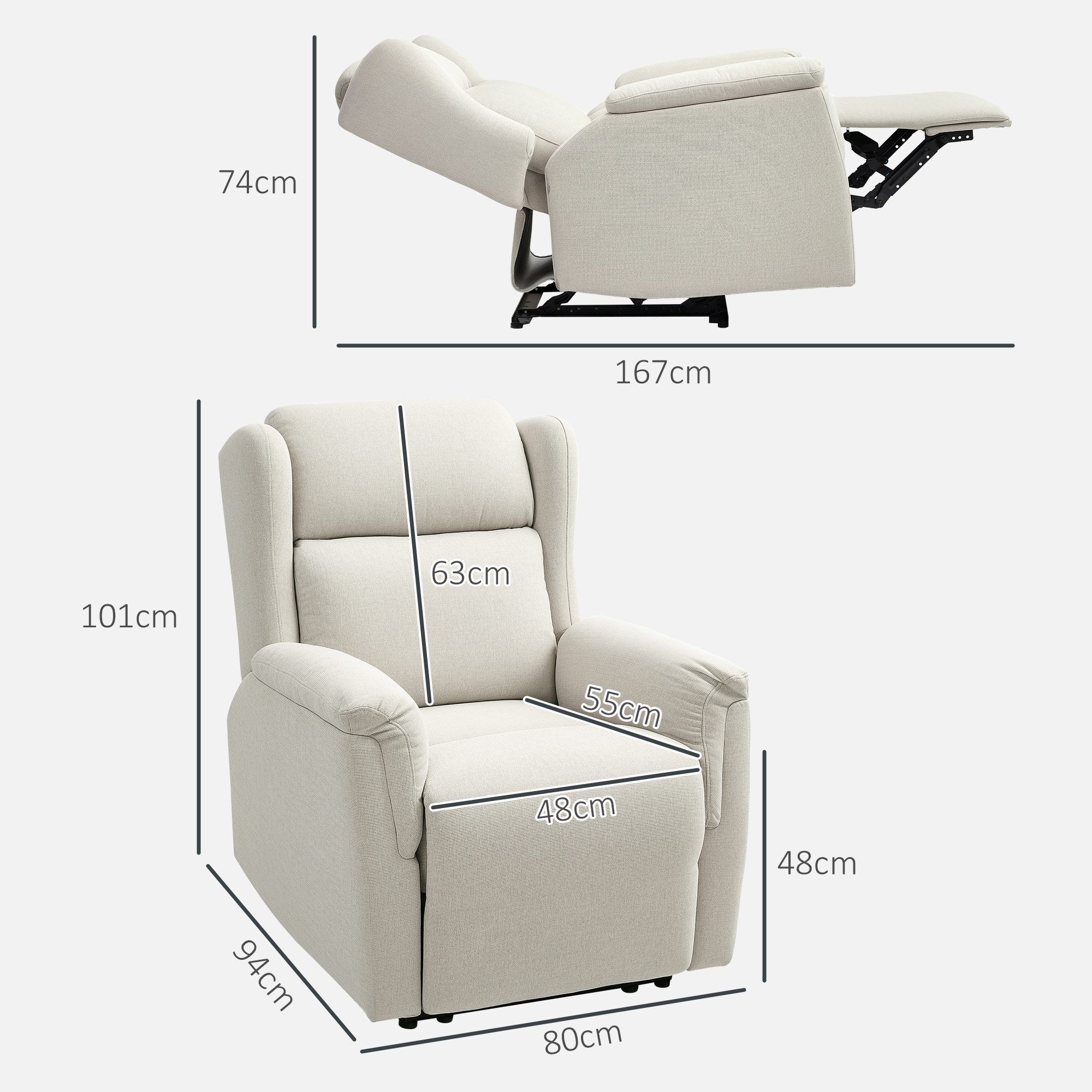 HOMCOM Relaxsessel Fernsehsessel mit Liegefunktion (TV-Sessel mit Taschenfederkern, 1-St., Ruhesessel), für Wohnzimmer, Schlafzimmer, Beige