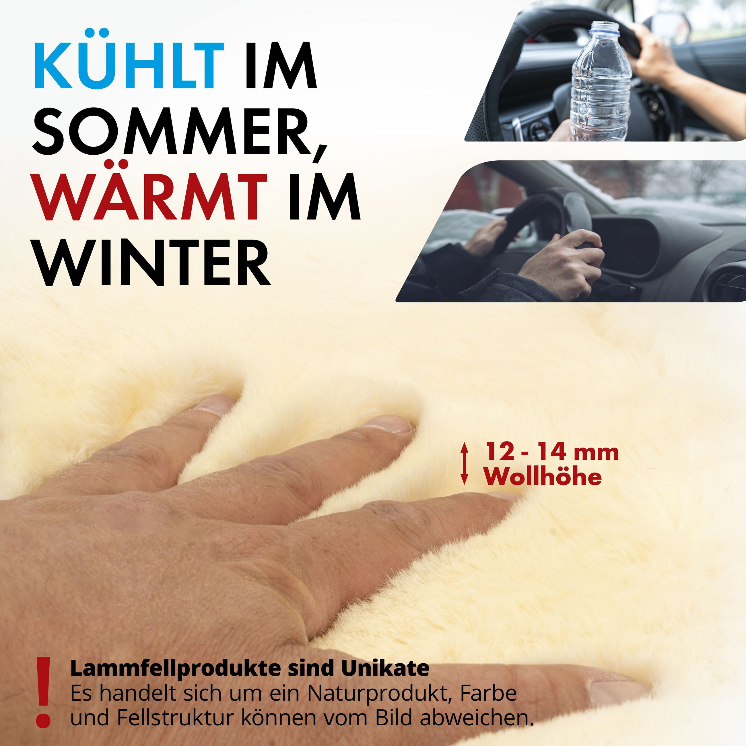 WALSER Car Seat Cover Steering Wheel Cover Lambskin, 1 piece, 1-piece