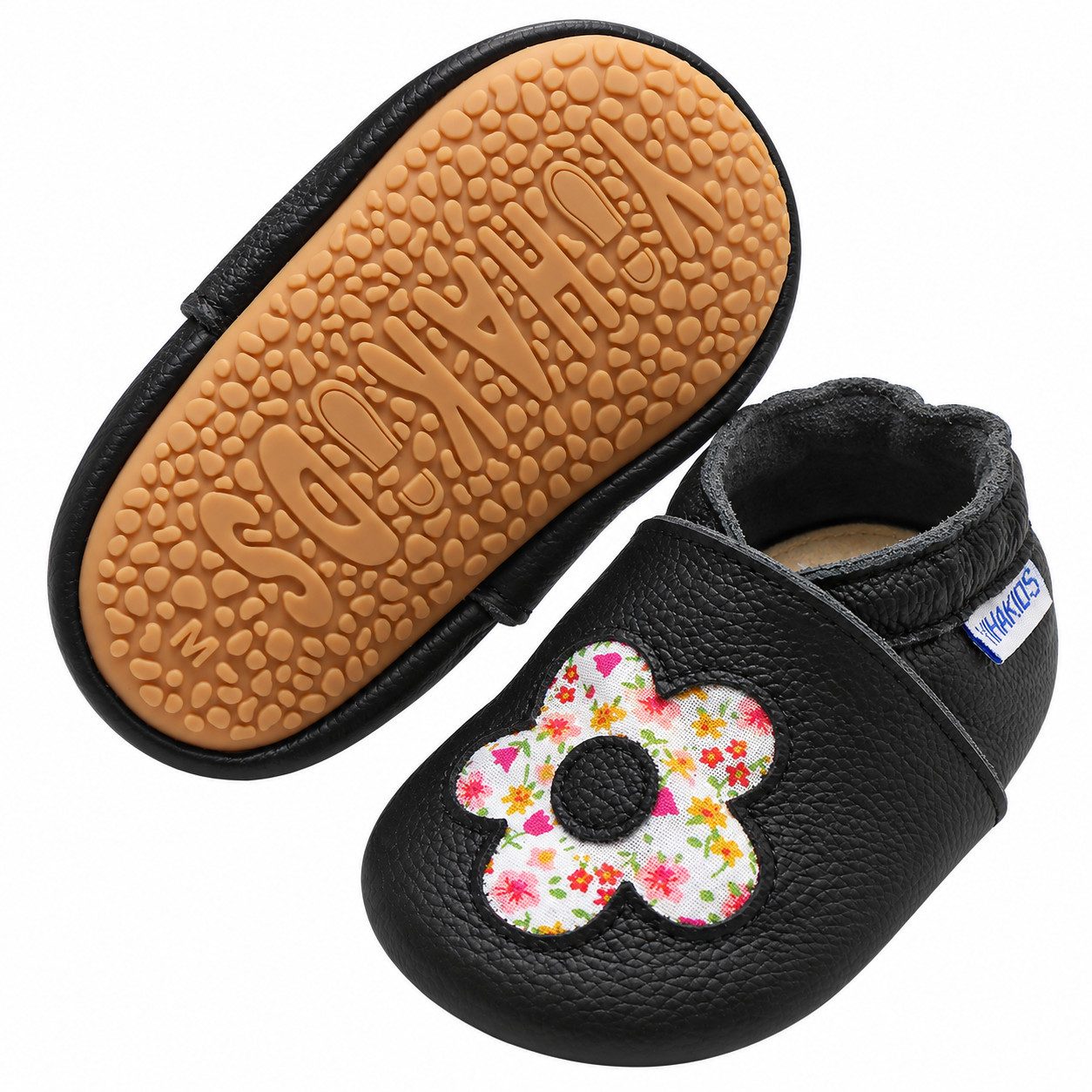 Yihakids Baby Lauflernschuhe aus Leder Schwarz mit Blumenmotiv & Gummisohle Krabbelschuh