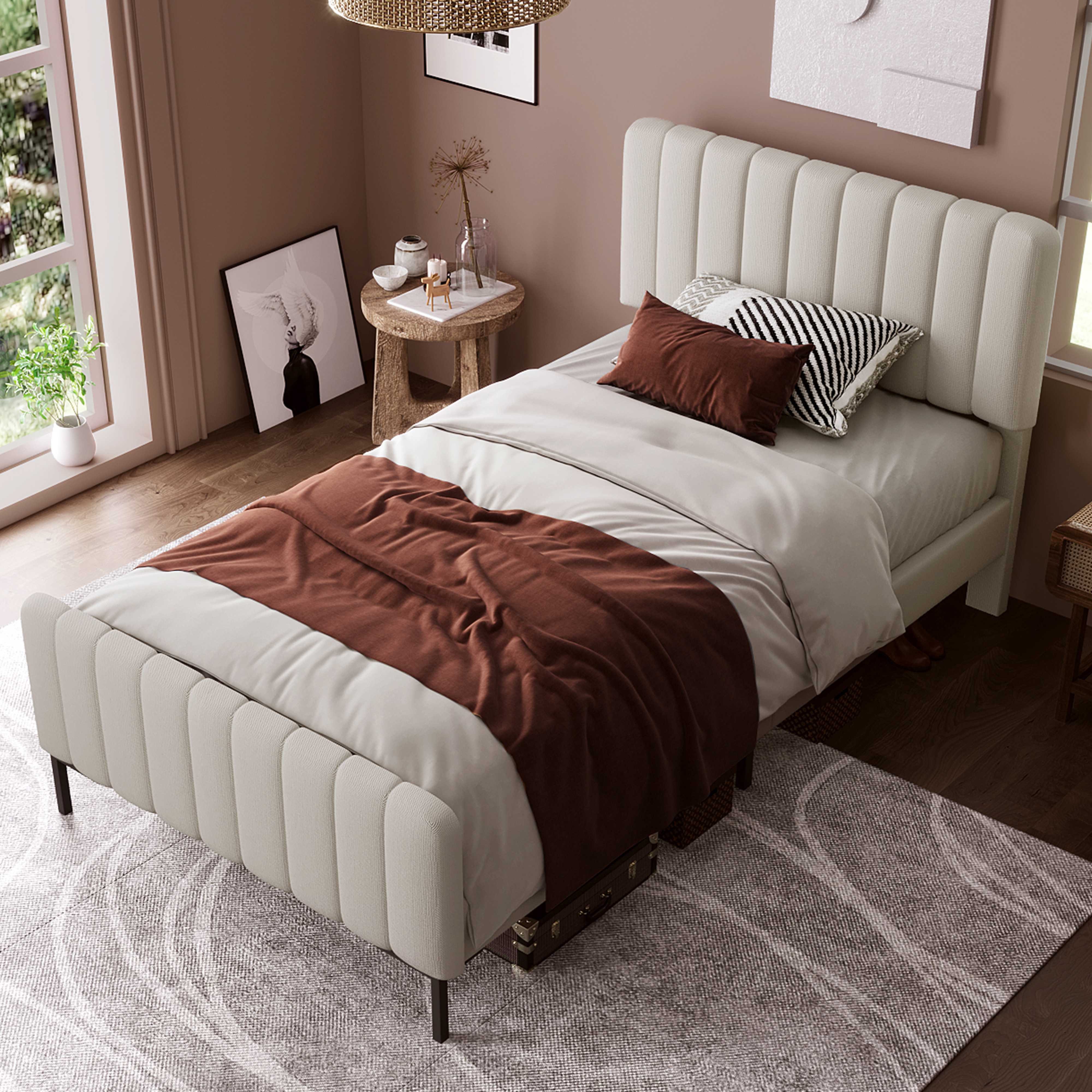 BlingBin Polsterbett (Einzelbett mit Lattenrost & verstellbarem Kopfteil – Leinen), Jugendbett 90 x 200 cm