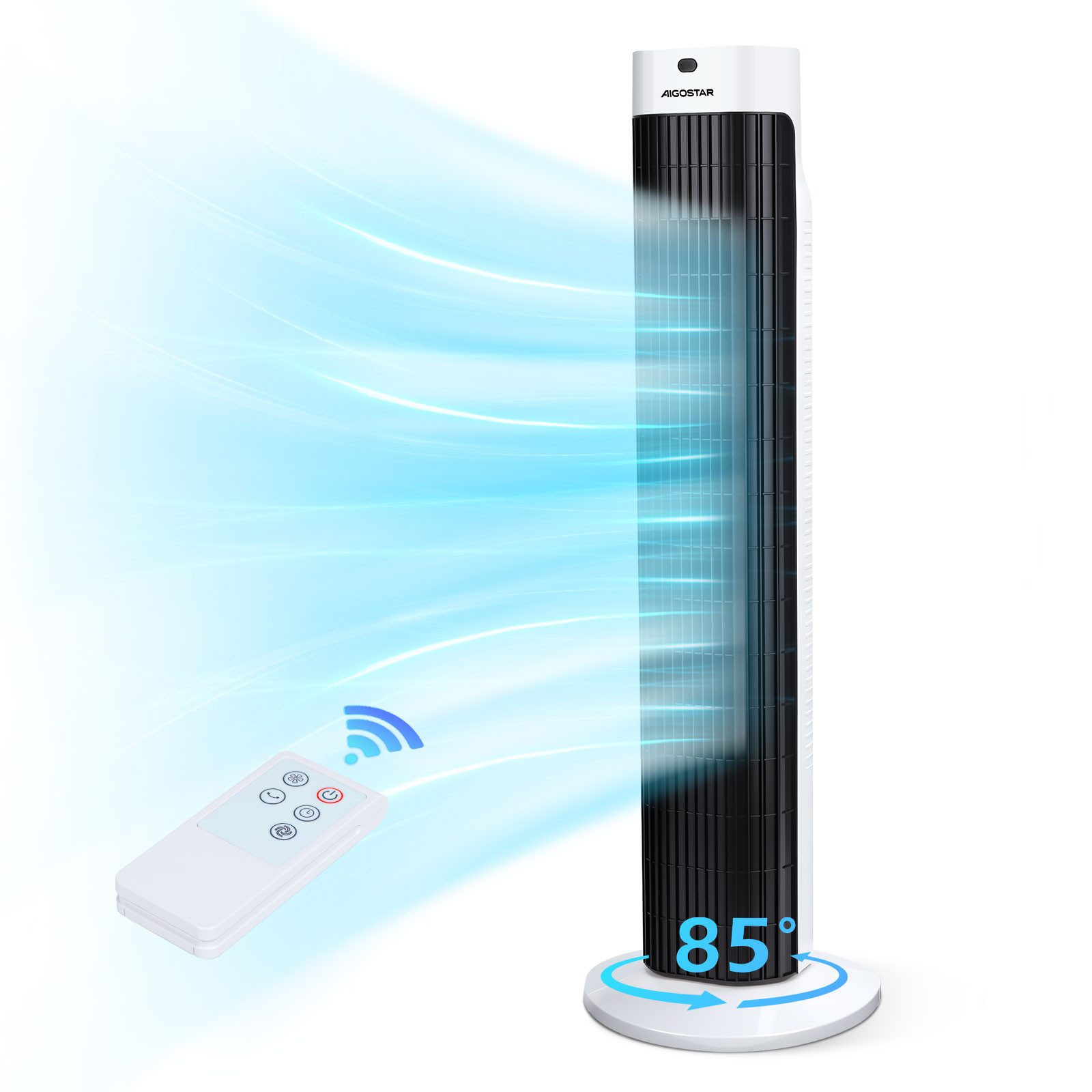 Aigostar Turmventilator Energiesparender Leise Tower Ventilator 45W, 85° Oszillation, Timer, 3 Geschwindigkeitsstufen, Leistungsstarke Luftzirkulation, 103.6m/min