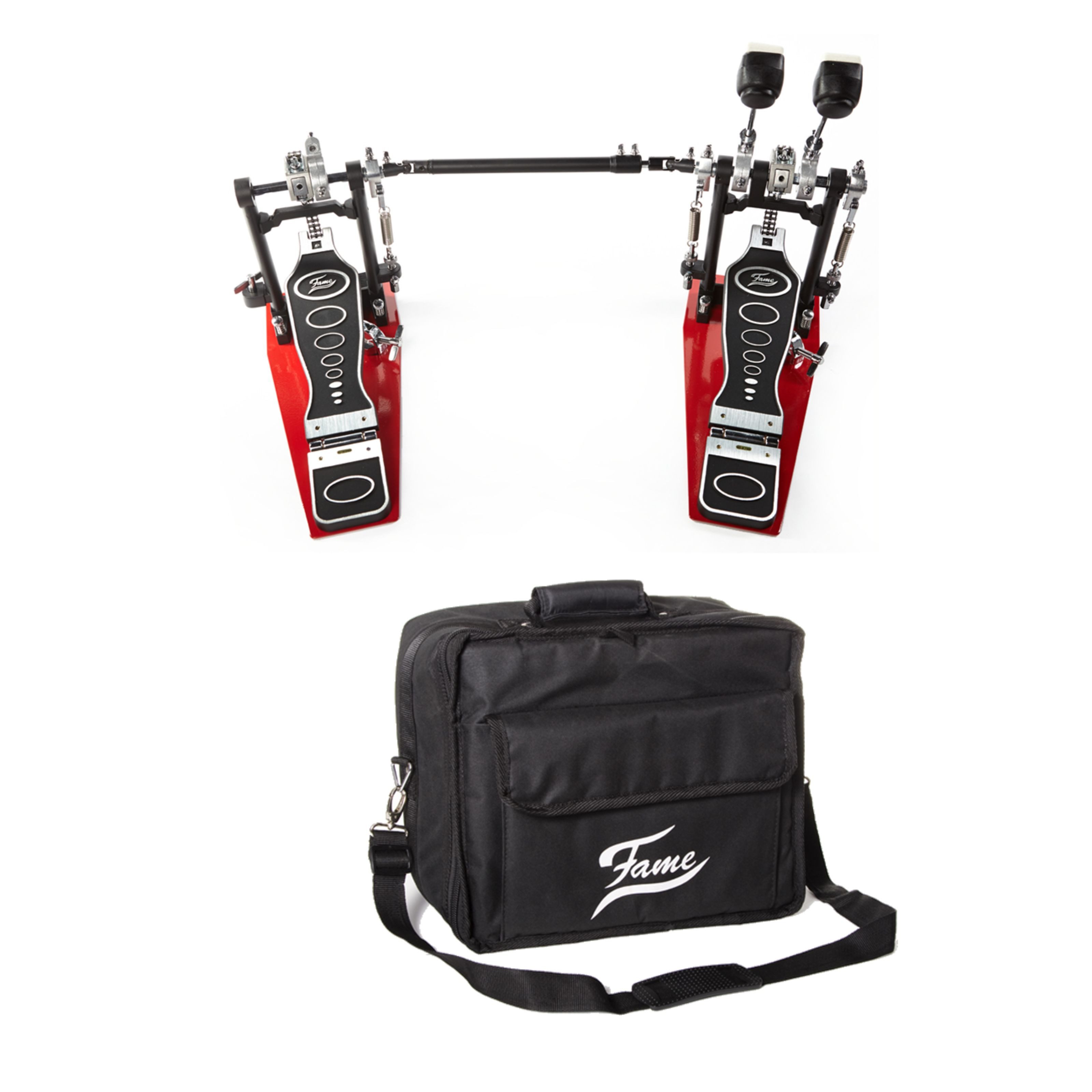 FAME Musikinstrumentenpedal, (DFP9001 Doppelfußmaschine-Set Doppelkette Einstellbare Federspannung Bodenplatte Inklusive Tasche, Hardware, Doppelfußmaschinen), Doppelfußmaschine, Doppelkette, Einstellbare Federspannung