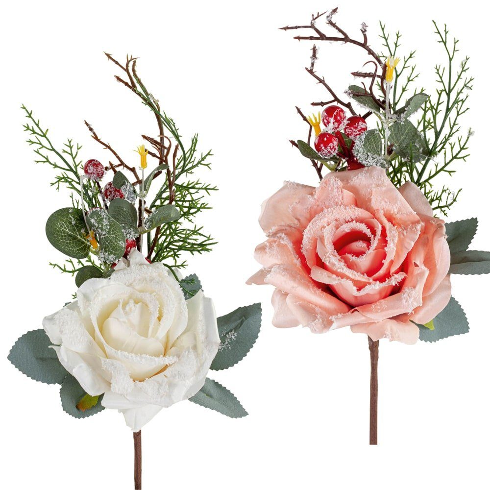 Kunstblume Rosenbouquet beschneit Kunstblume Ø 10x15 cm rosa Rose,  matches21 HOME & HOBBY, Höhe 35 cm