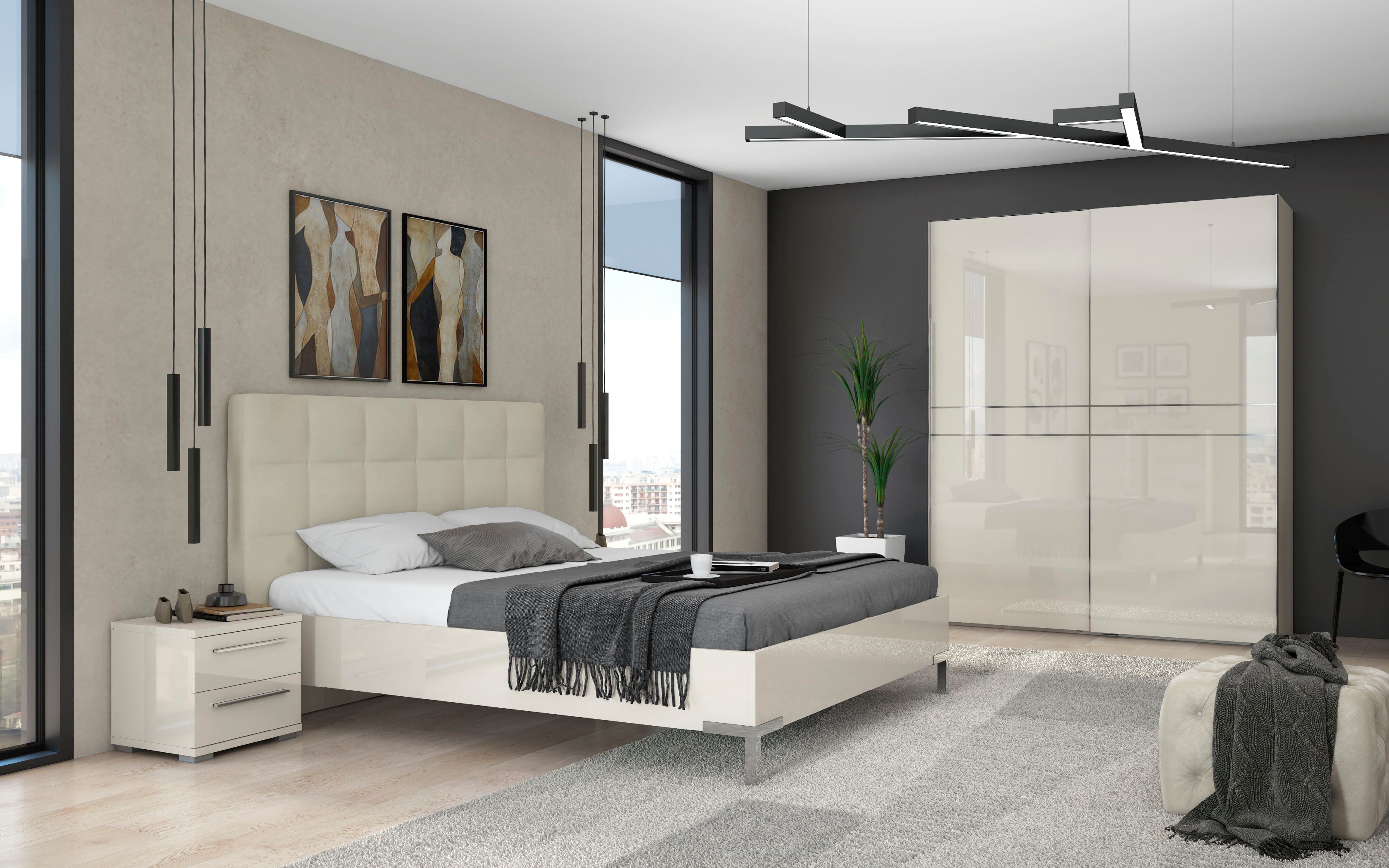 OTTO home Schwebetürenschrank Piano, FSC-zertifiziert, mit Einlegeböden und Kleiderstangen (in 3 Breiten, 224cm hoch, mit verchromten Aufleistungen) UV lackiert, hochglänzend, mit Soft-Close Funktion, in beige oder weiß