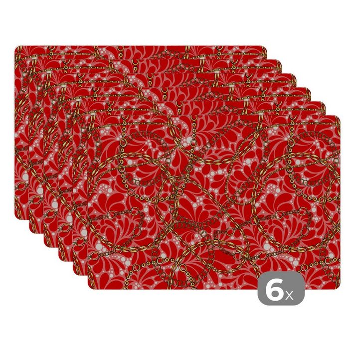 Platzset Muster - Gold - Halskette - Rot MuchoWow (6-St) Platzset Platzdecken Platzmatte Tischmatten Schmutzabweisend