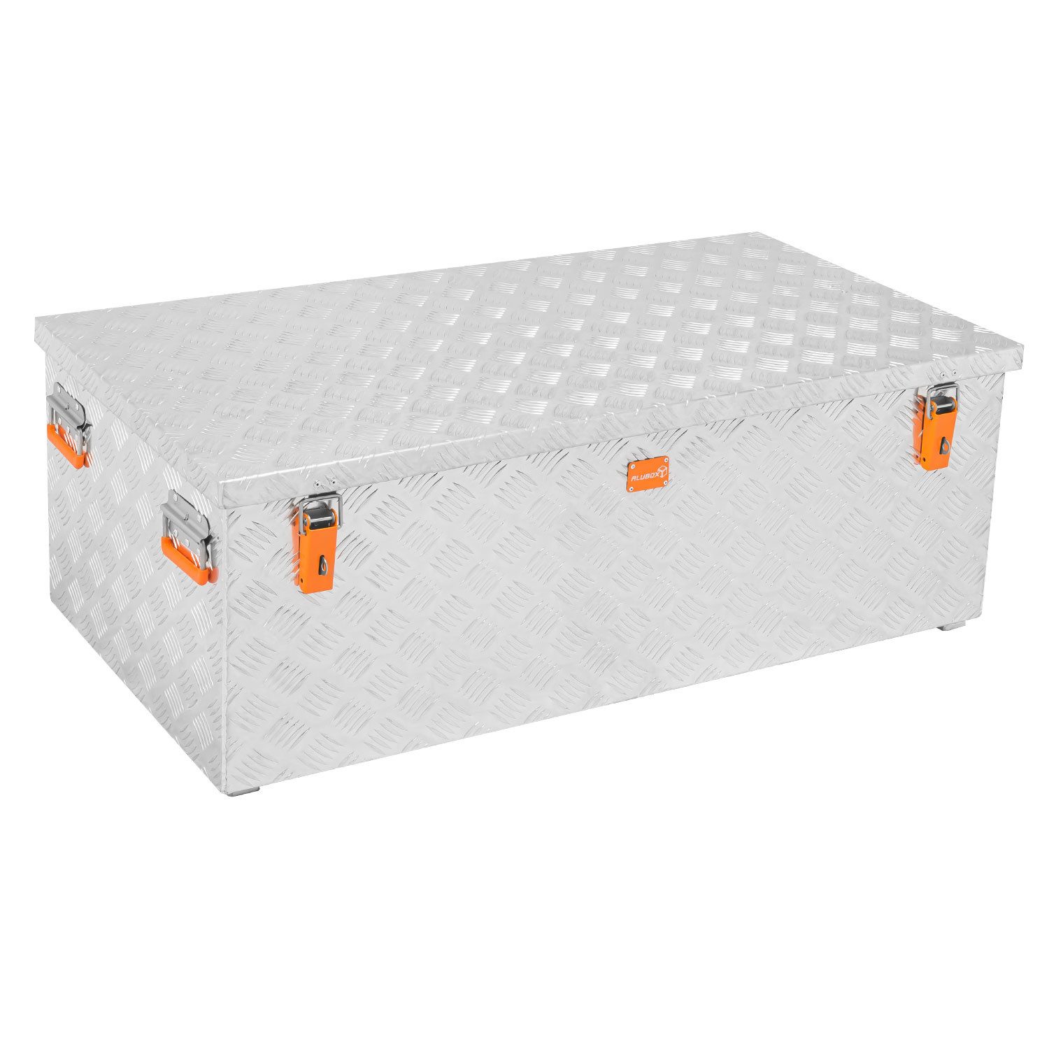 ALUBOX Aufbewahrungsbox aus Aluminiumriffelblech massive Transportkiste (275 Liter), Fangbänder & Gasdruckdämpfer im Deckel