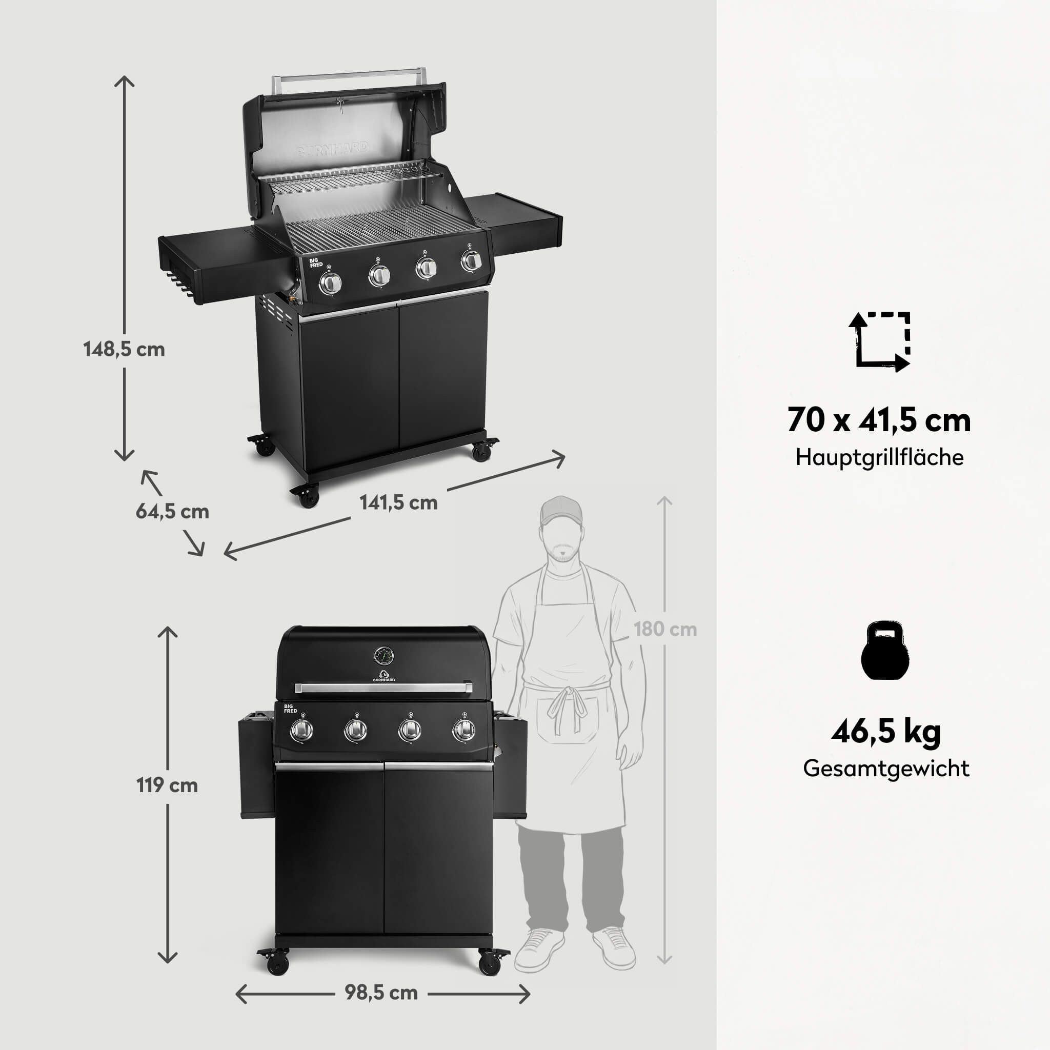 BURNHARD® Gasgrill 4-Brenner, 15 kW Leistung, 4 Edelstahlbrenner, Piezo-Zündung, große Grillfläche 70x41,5 cm, Edelstahlrost, für 15 Personen – Big FRED Base