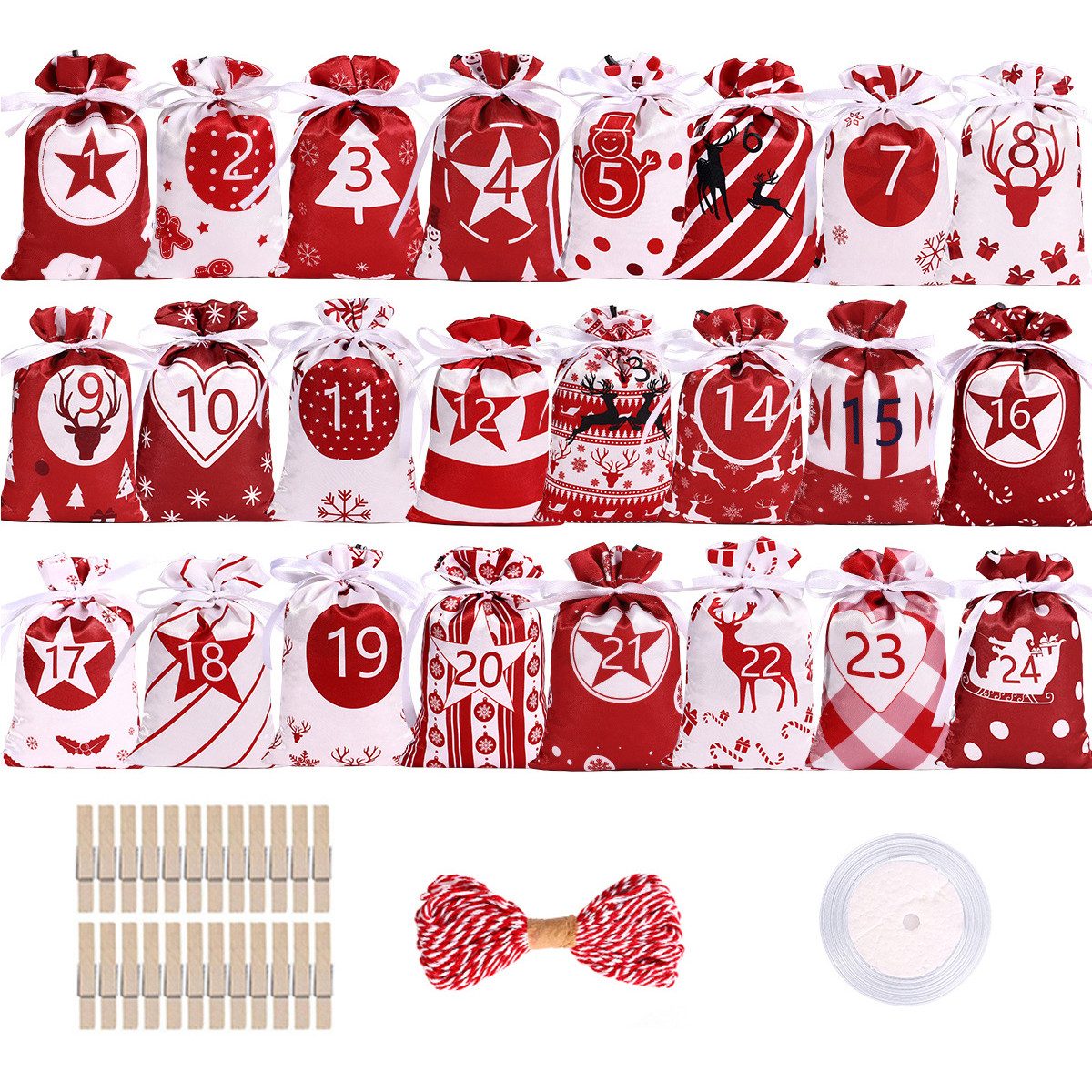 Coonoor befüllbarer Календари 24 Stück Weihnachts-Adventskalender-Taschen, mit Kordelzug, Wiederverwendbare Stoff-Geschenktüten für den Weihnachts-Countdown