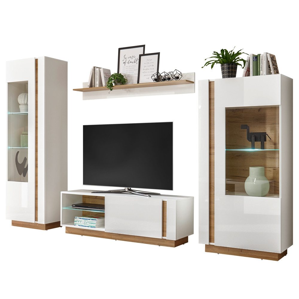 Lomadox Wohnwand CELLE-61, (6-St), weiß Glanz mit Grandson Oak Eiche Nb. 290/194/40 cm