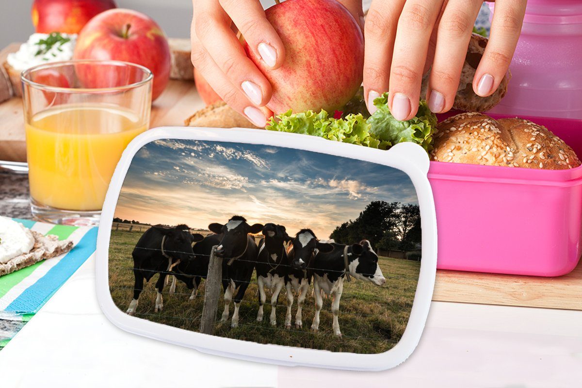MuchoWow Lunchbox Kühe für - Mädchen, Kunststoff, (2-tlg), Kinder, Brotdose - Kunststoff Tiere Snackbox, Bauernhof, Erwachsene, Brotbox rosa